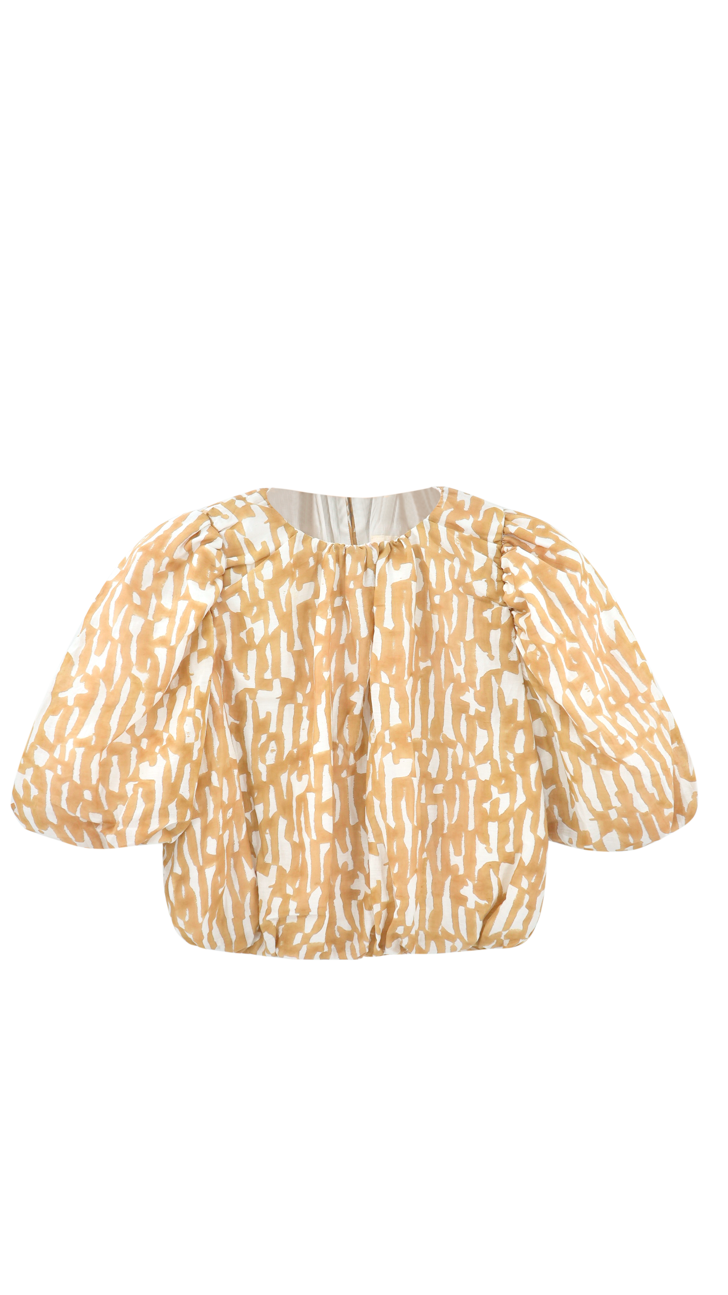 Girl wearing MIRTH women's ballon sleeve andaman cropped top in brown driftwood cotton silk