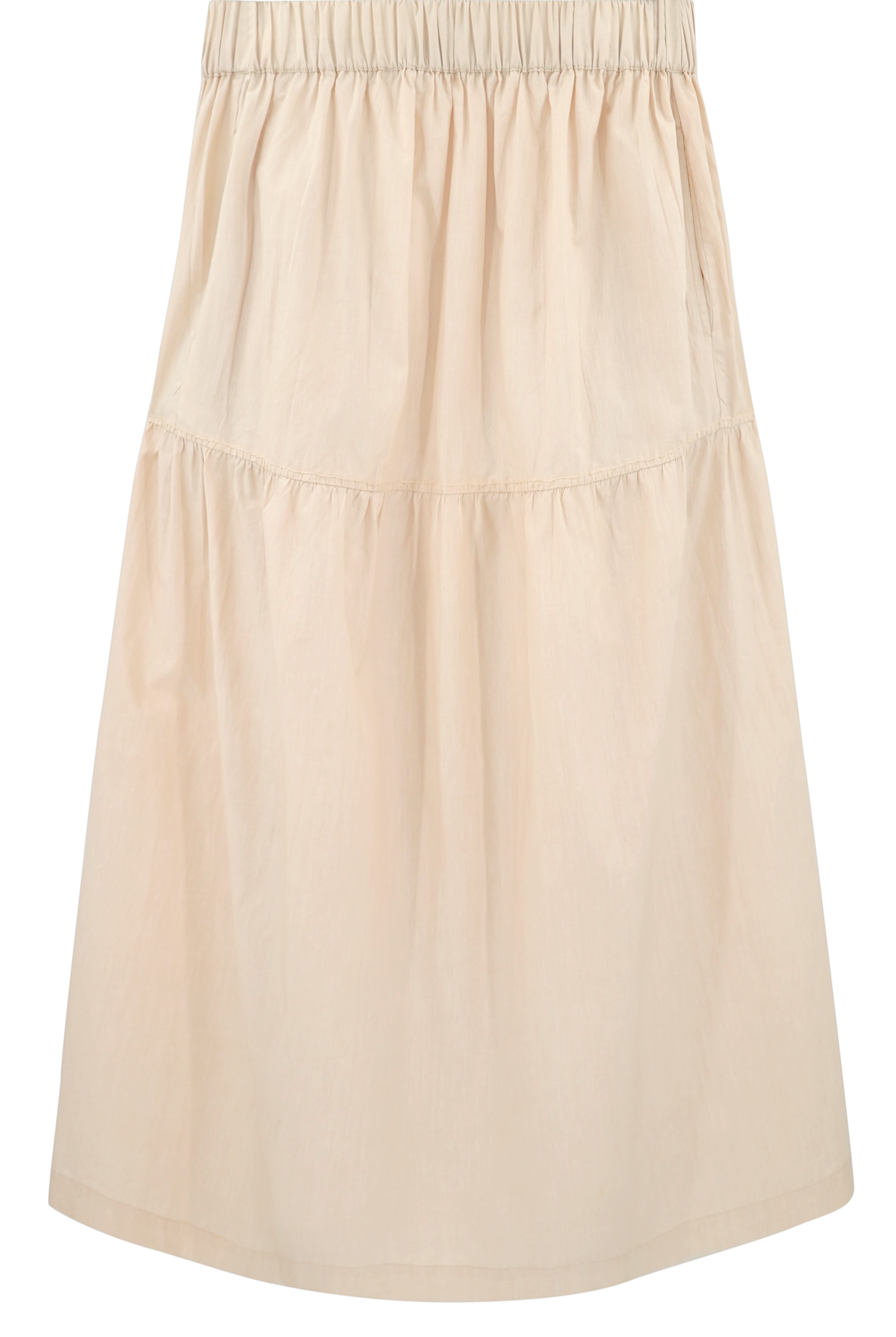 Girl wearing MIRTH women's elastic waist tiered brighton long skirt in parchment cream cotton poplin