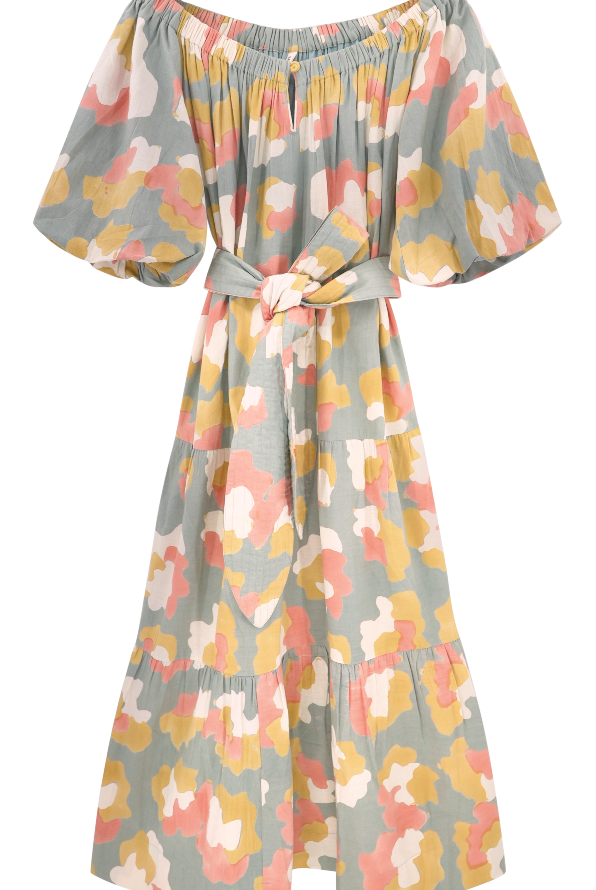 Girl wearing MIRTH women's long tiered short sleeve capri maxi dress in waterlily grey floral cotton