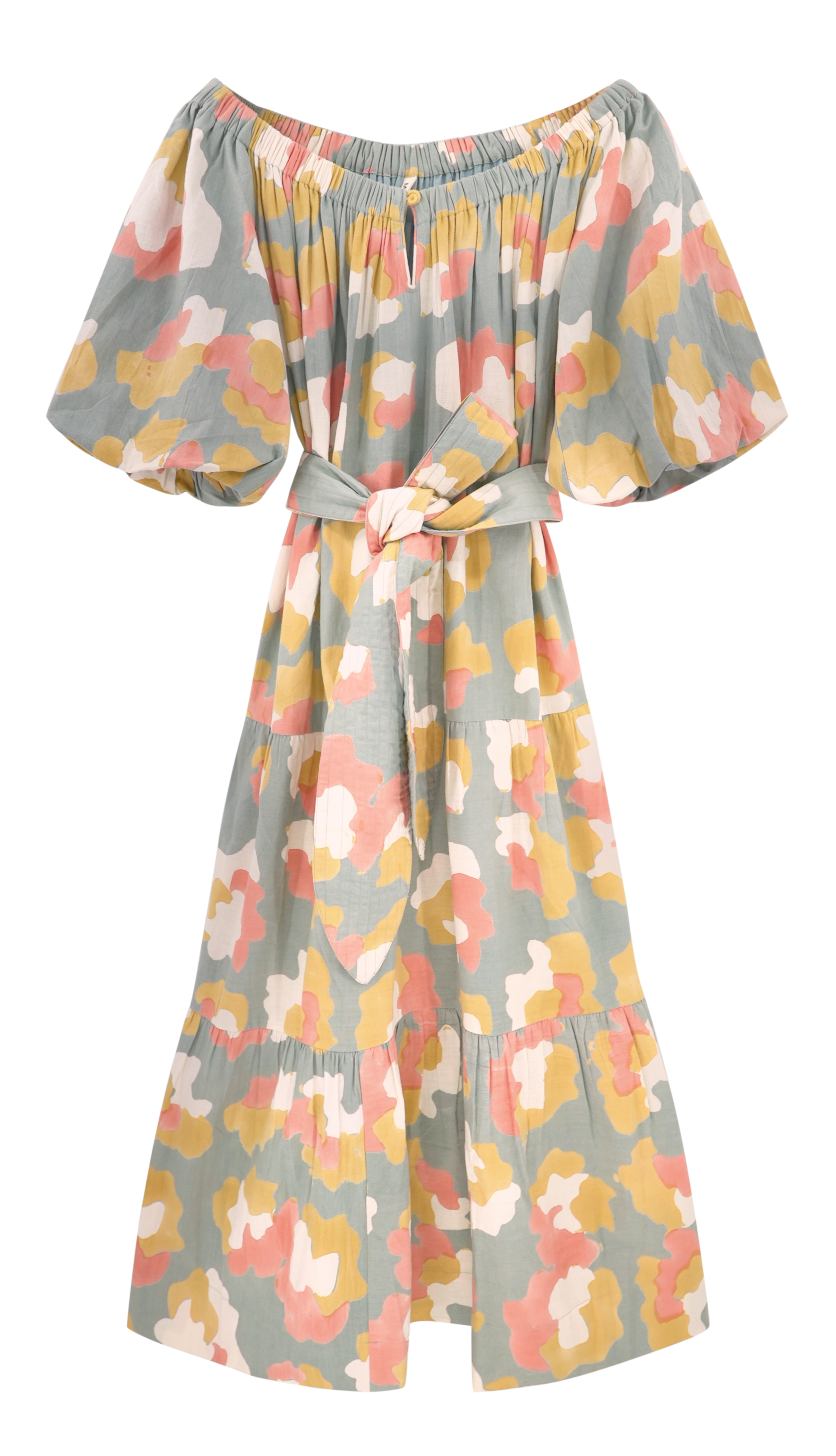 Girl wearing MIRTH women's long tiered short sleeve capri maxi dress in waterlily grey floral cotton