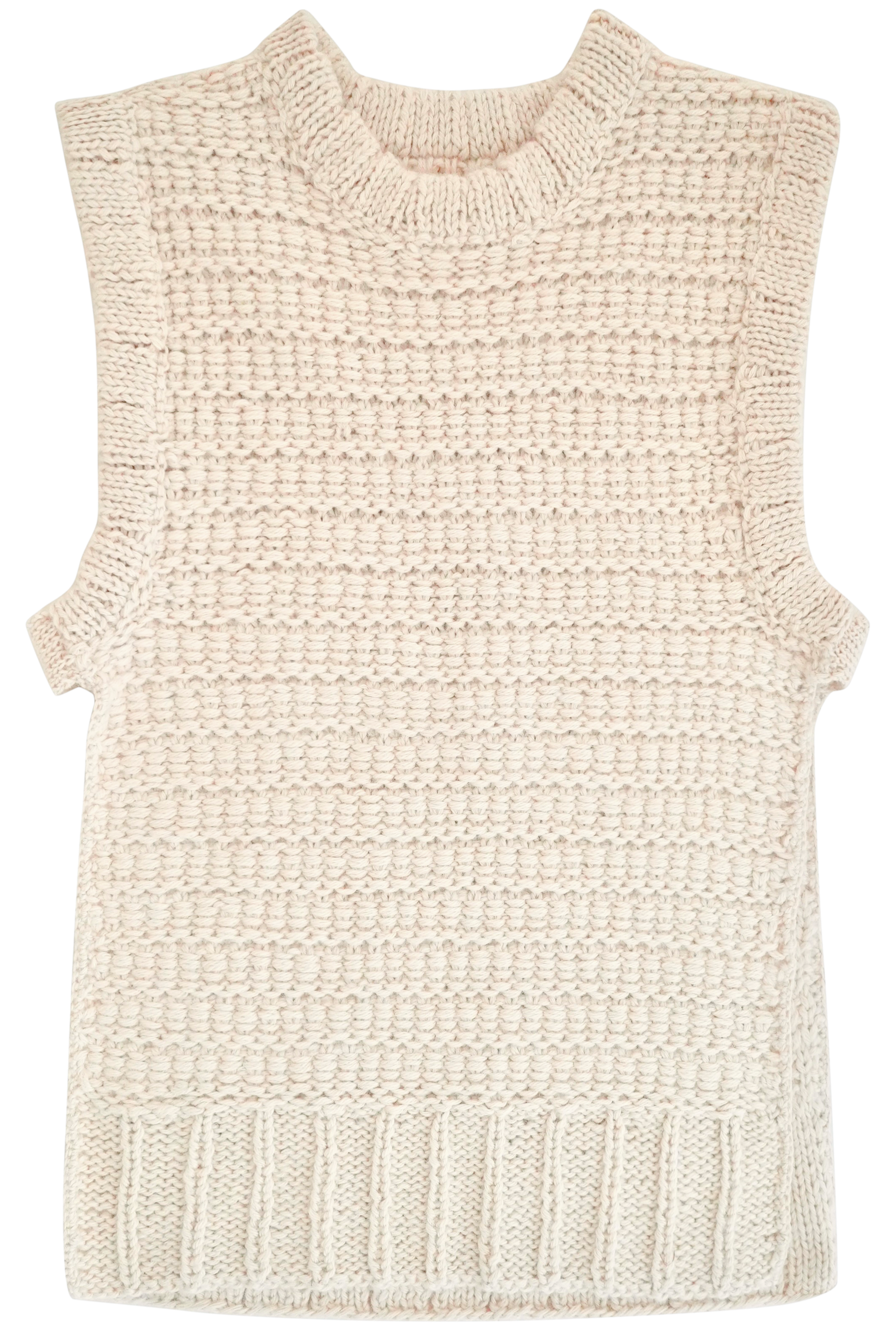 Girl wearing MIRTH women's sleeveless carmel open side knit sweater vest in snow white alpaca wool