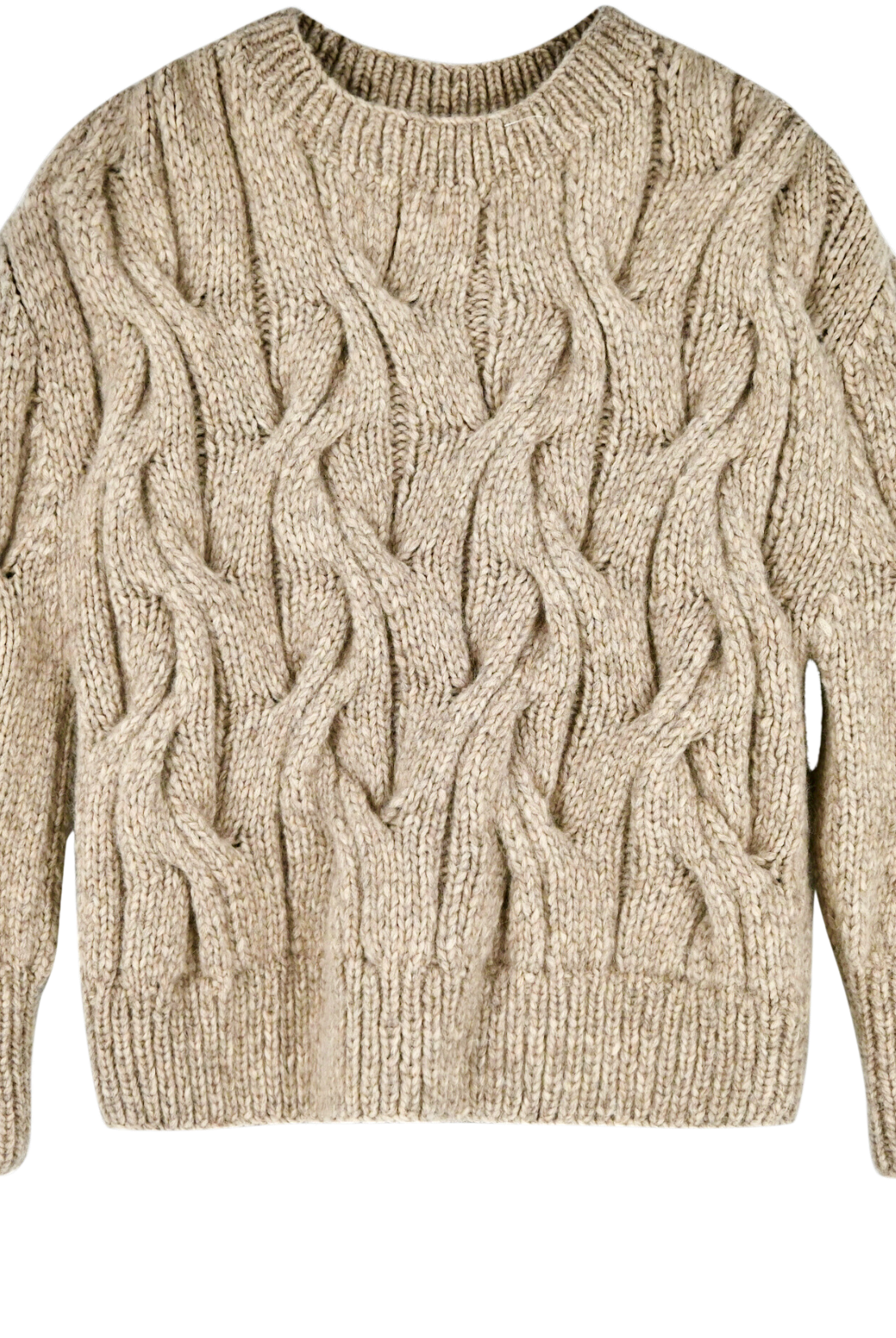 Girl wearing MIRTH women's handknit cortina cable pullover sweater in camel brown wool