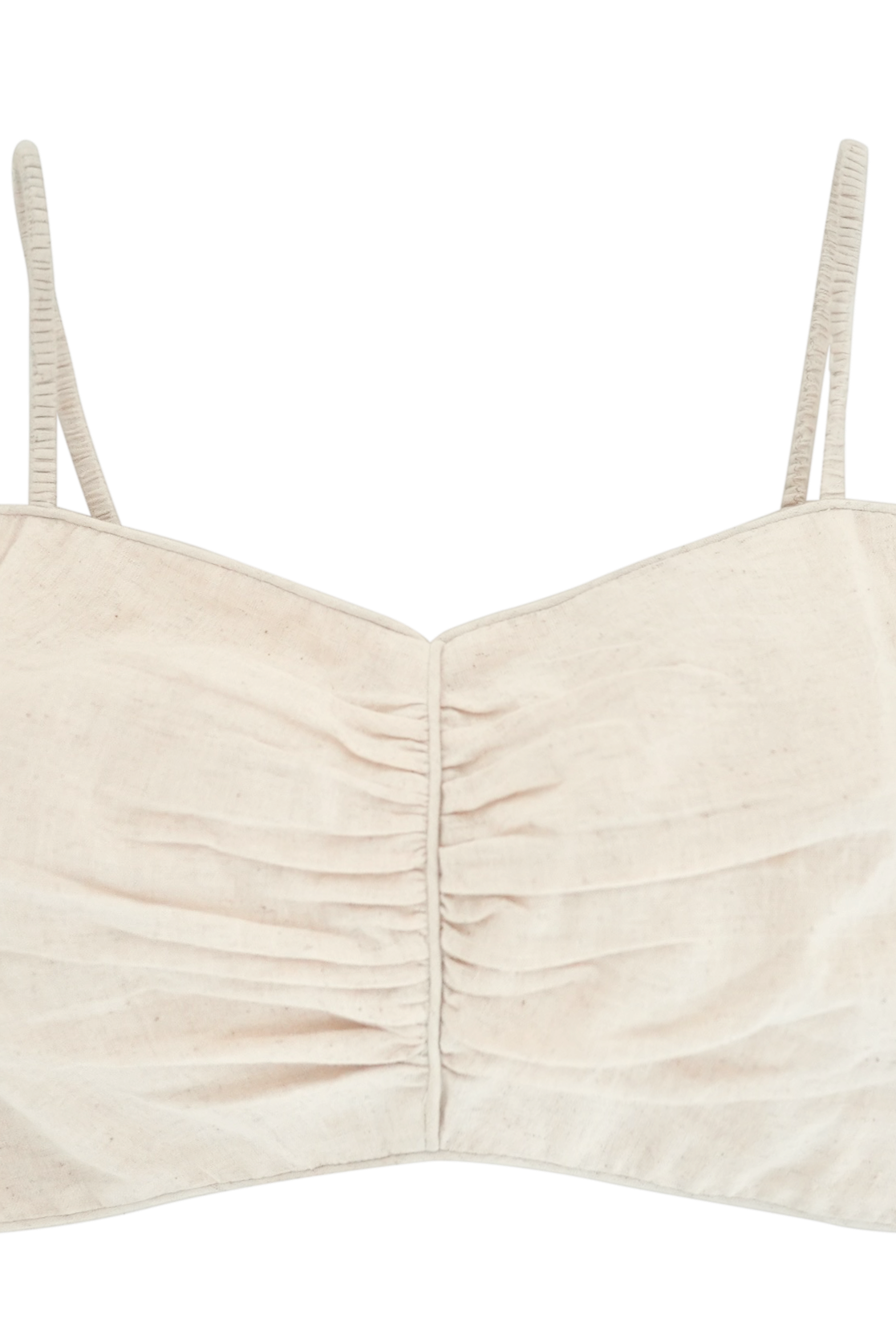 Girl wearing MIRTH women's tie back deia cropped sleeveless top in oatmeal beige cotton