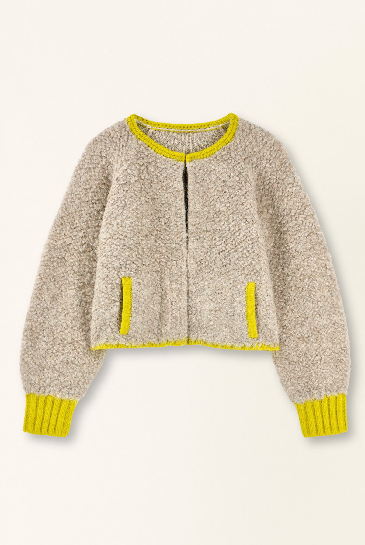 Beige fleece jacket with yellow accents on a beige background