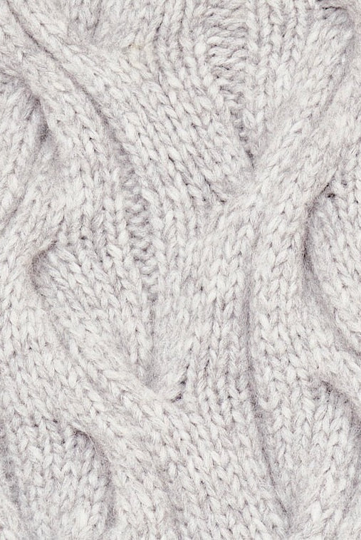 Girl wearing MIRTH women's handknit cortina cable pullover sweater in dove grey wool