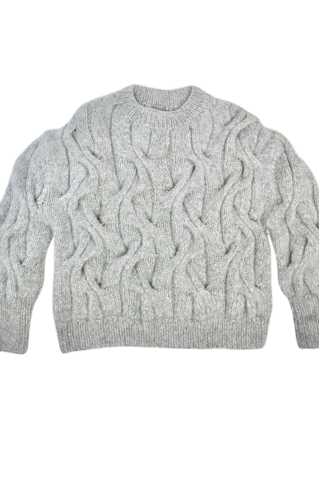 Girl wearing MIRTH women's handknit cortina cable pullover sweater in dove grey wool