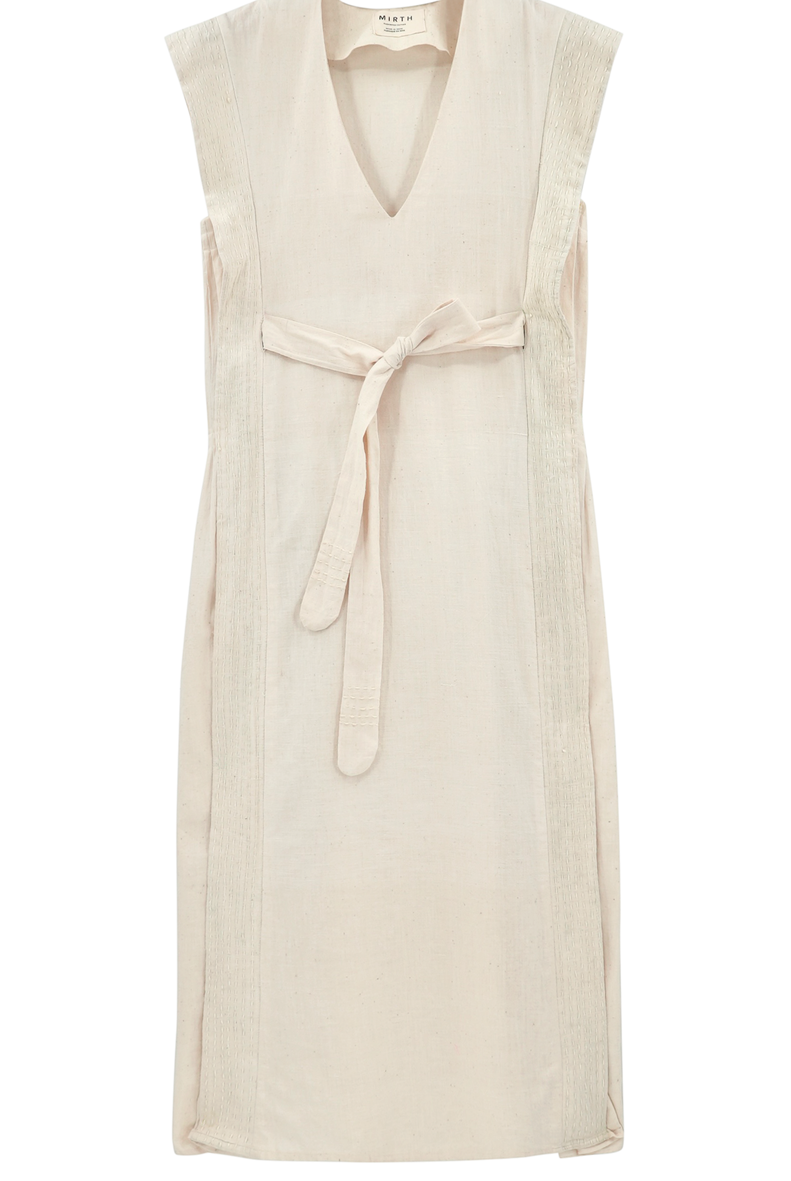 Girl wearing MIRTH women's v neck layered pintuck sleeveless long belted laguna dress in parchment cream cotton