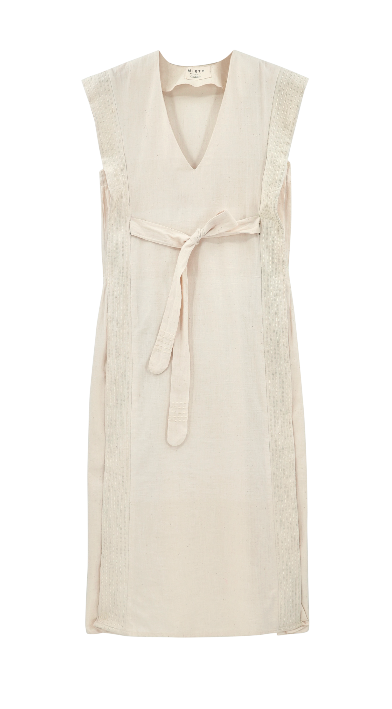 Girl wearing MIRTH women's v neck layered pintuck sleeveless long belted laguna dress in parchment cream cotton