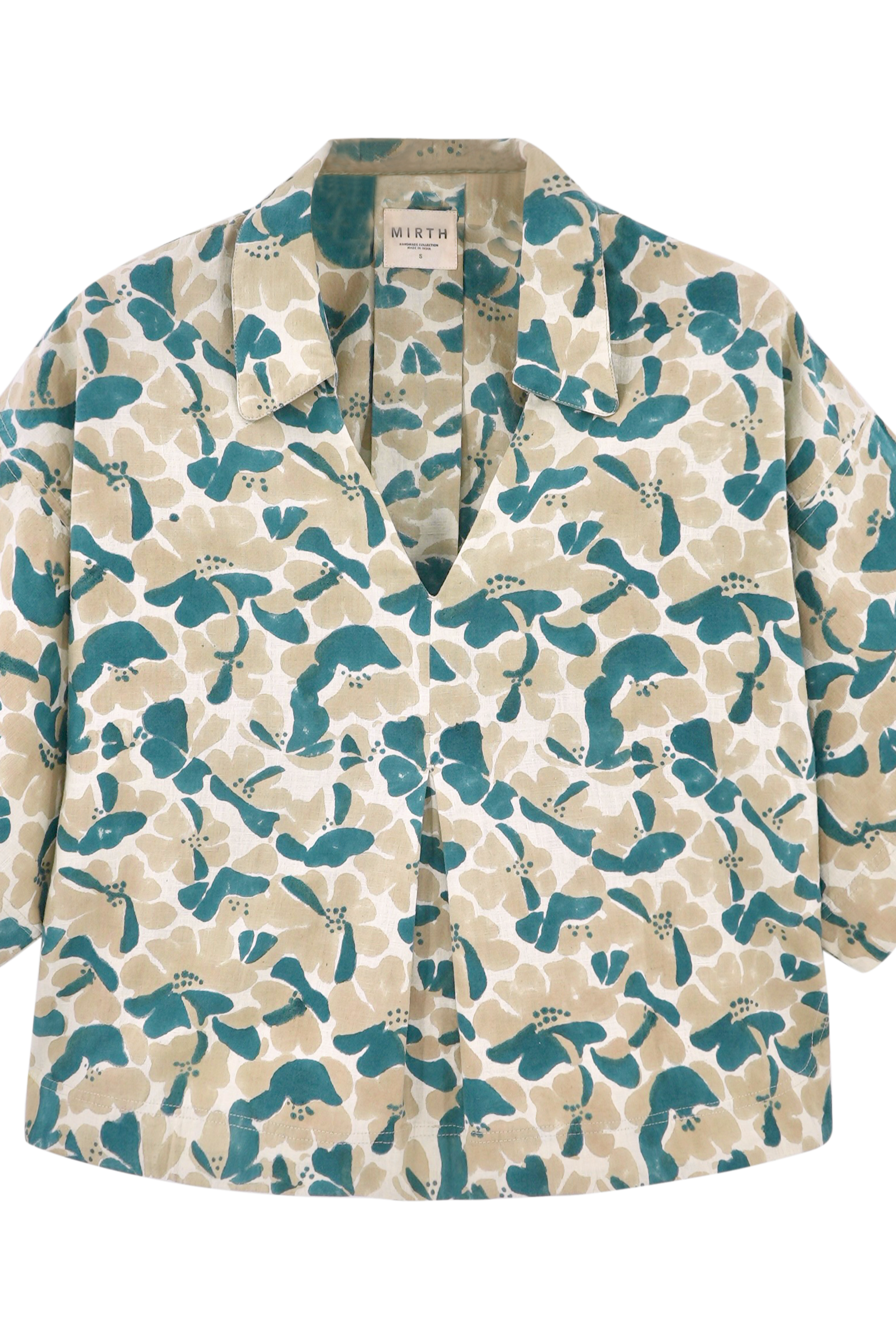 Girl wearing MIRTH women's v neck collared three quarter sleeve lanai top in plumeria blue floral print cotton