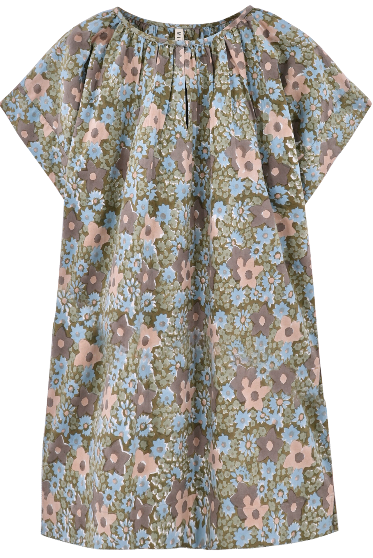 Girl wearing MIRTH women's short nightgown dress in stargazer grey cotton