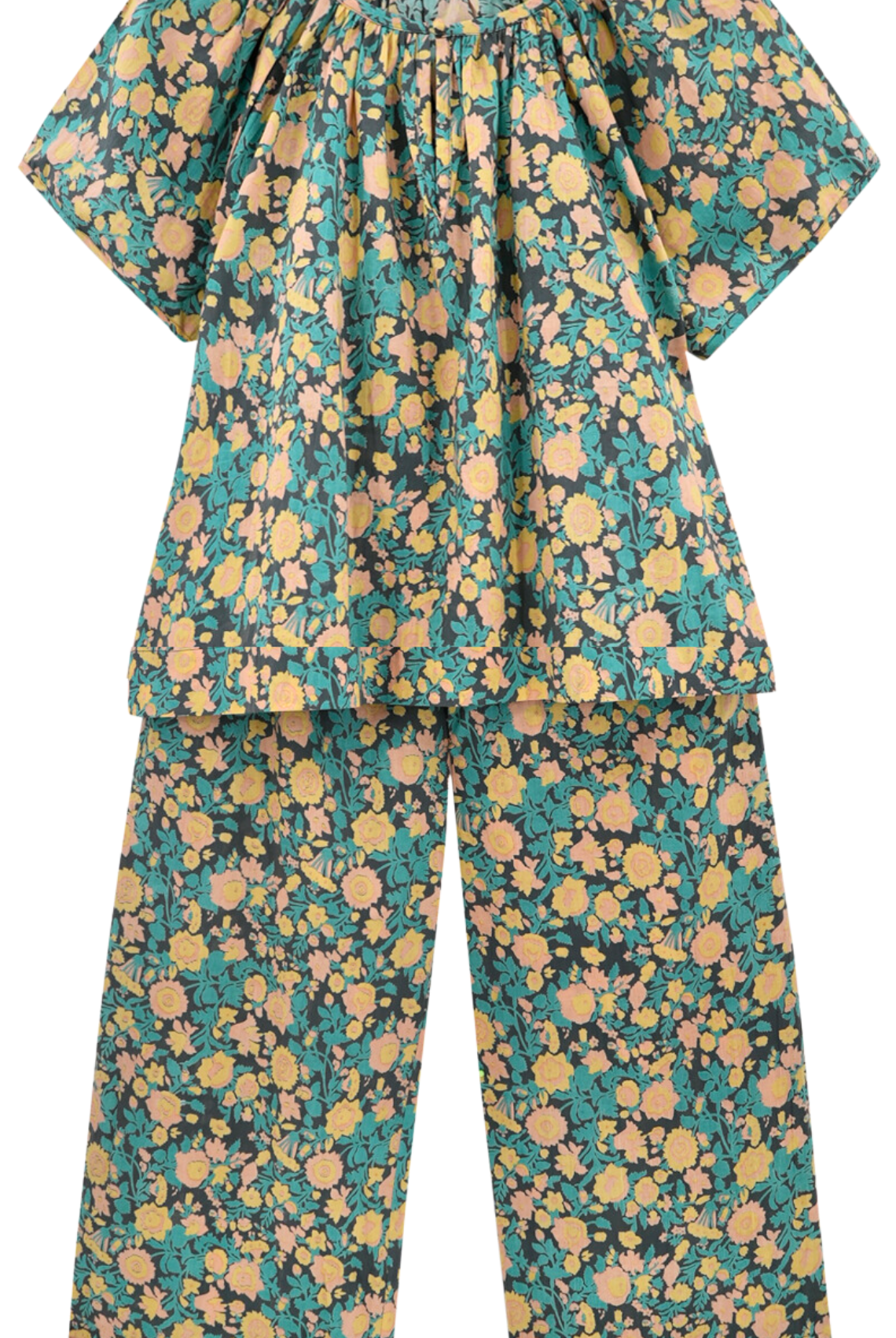 Girl wearing MIRTH women's short sleeve pajama pant set in onyx bloom floral cotton