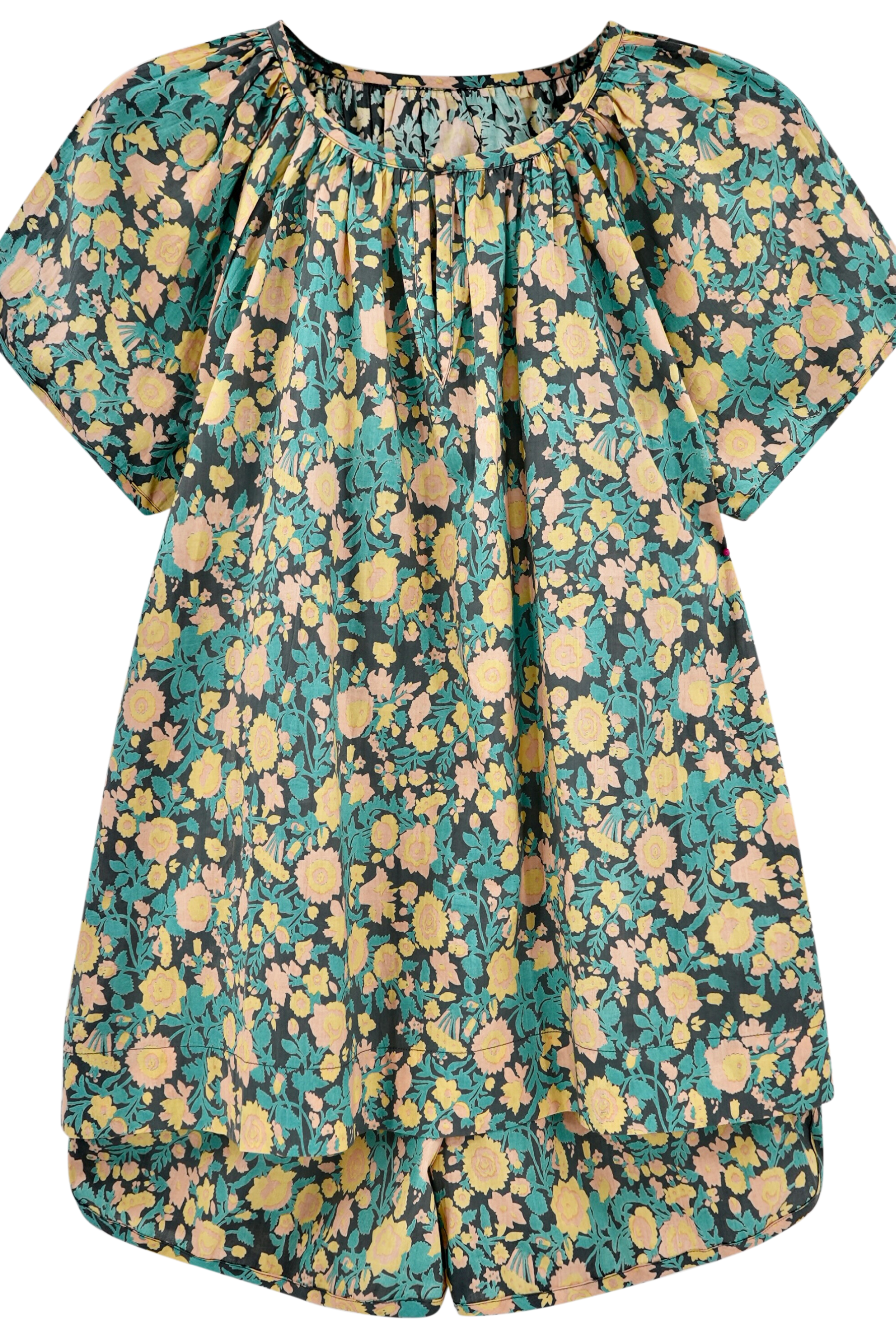 Girl wearing MIRTH women's short sleeve pajama short set in onyx bloom floral cotton