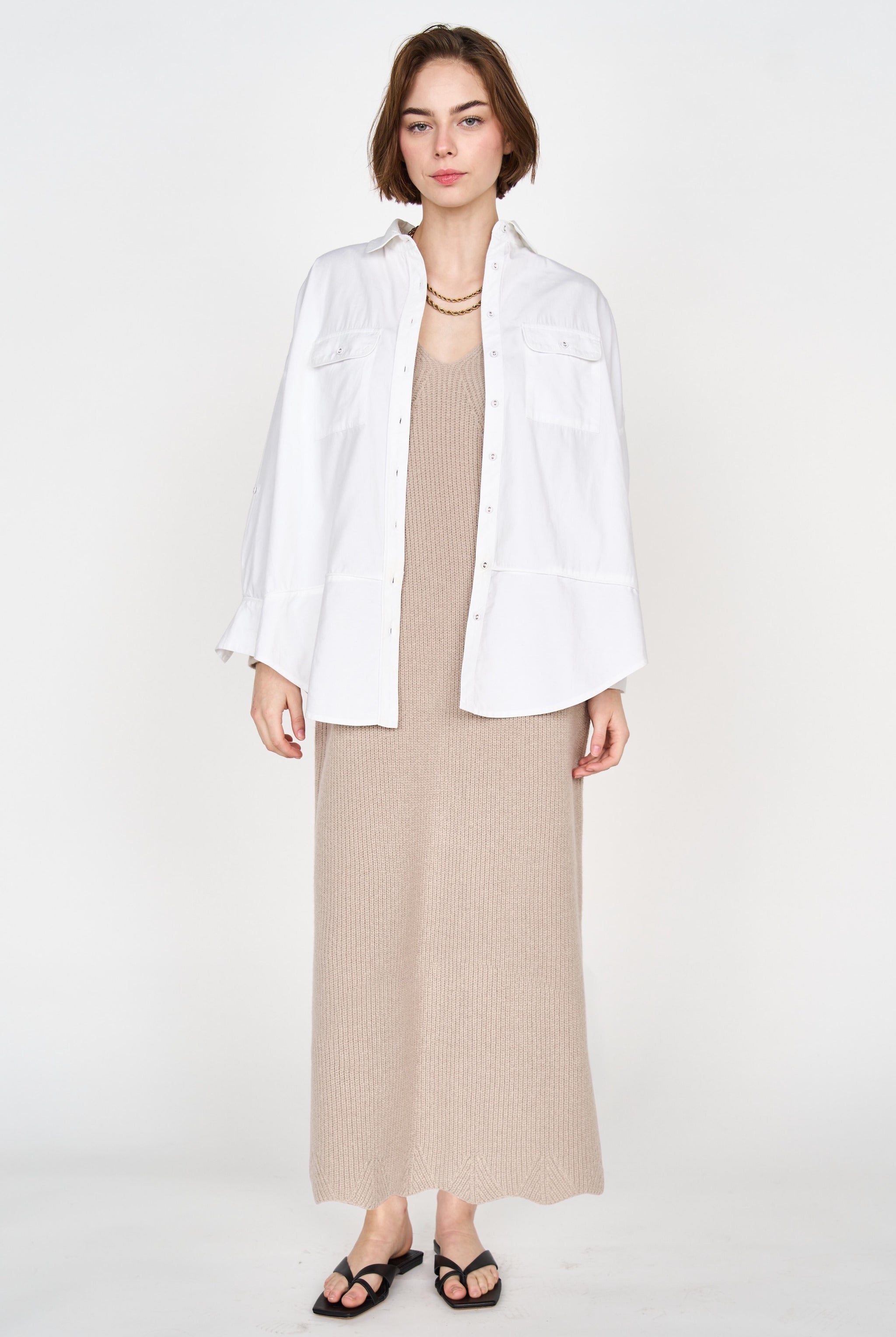 Girl wearing MIRTH women's button up long sleeve kyoto shirt in white cotton poplin