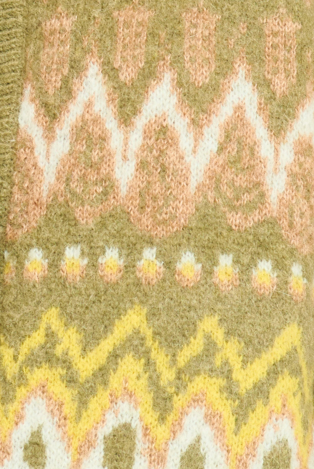 Close-up of a knitted fabric with a pattern featuring wavy lines and small floral elements on a green background.