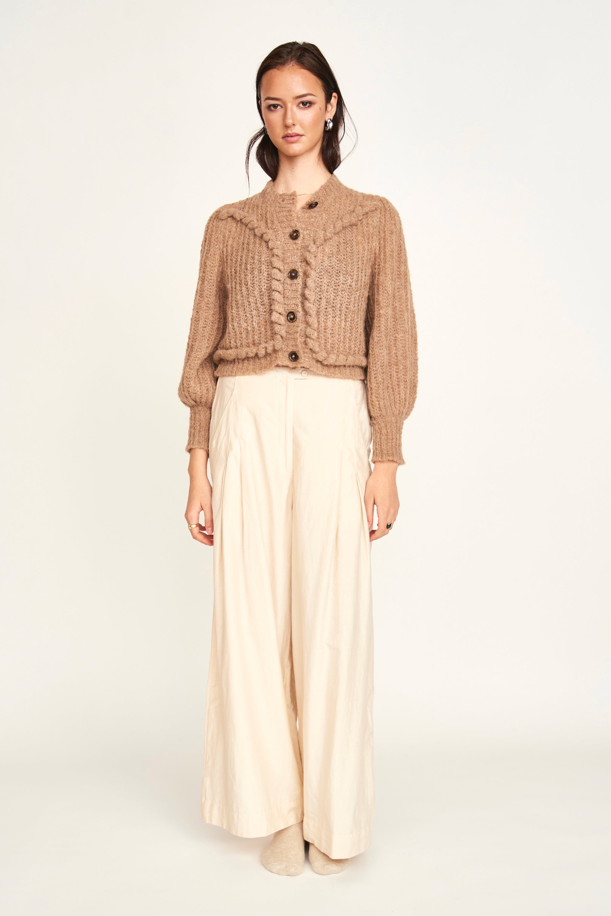 moose's ニットカーディガンRich cardigan brown フィッシャーマンズワークニットカーディガン ブラウン