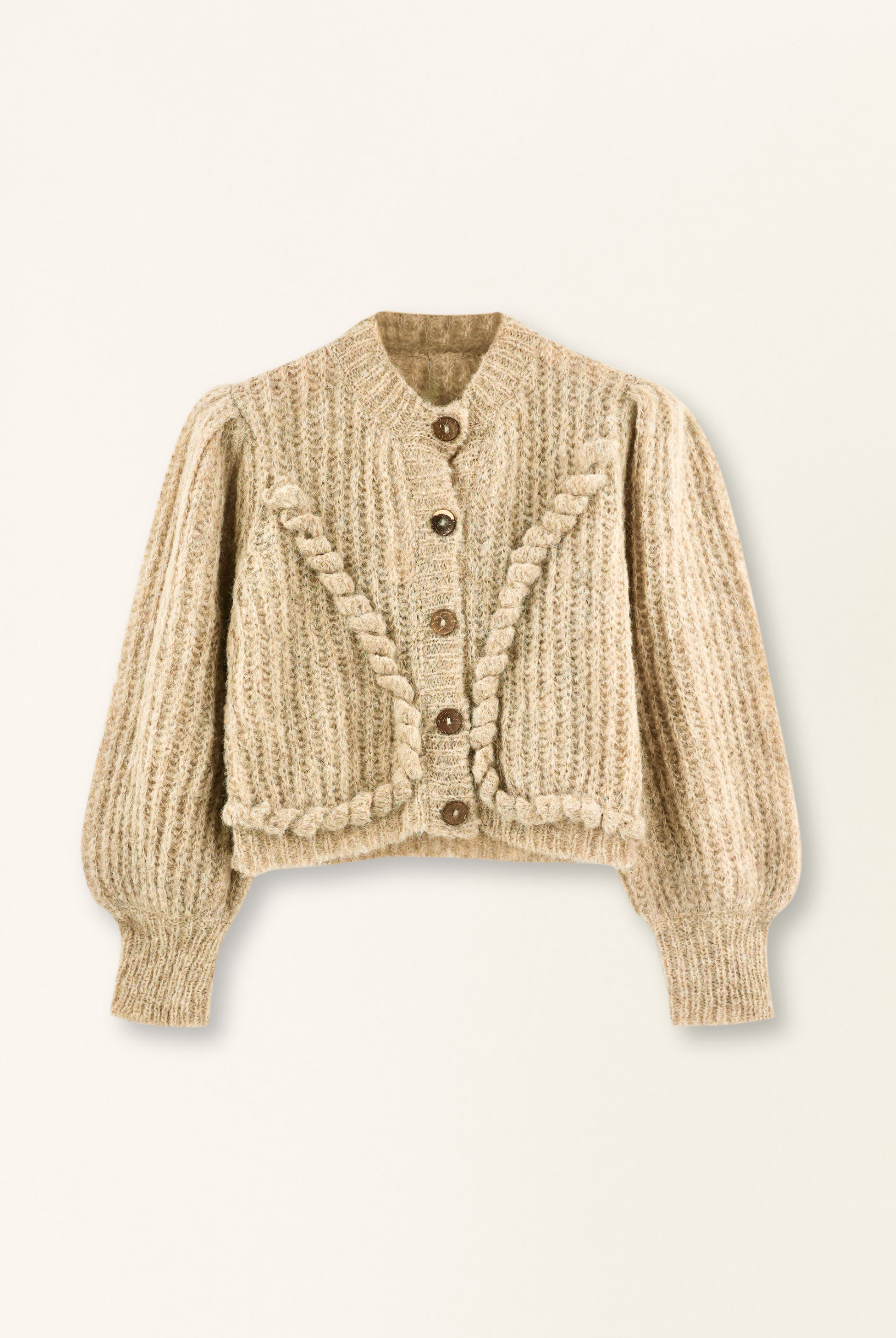 Beige knitted cardigan on a light beige background