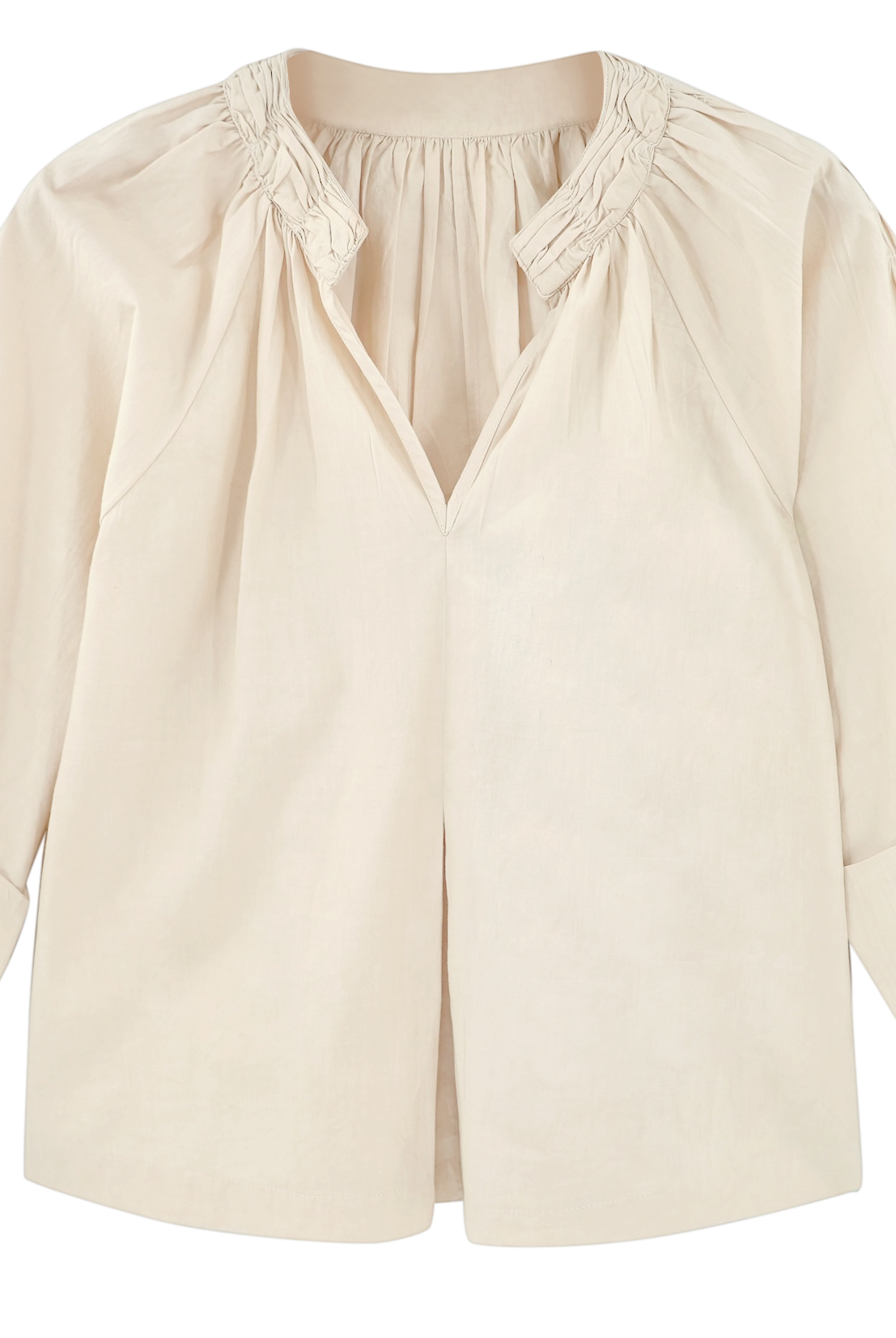 Girl wearing MIRTH women's v neck ruched collar three quarter sleeve palm springs top in parchment beige cotton poplin