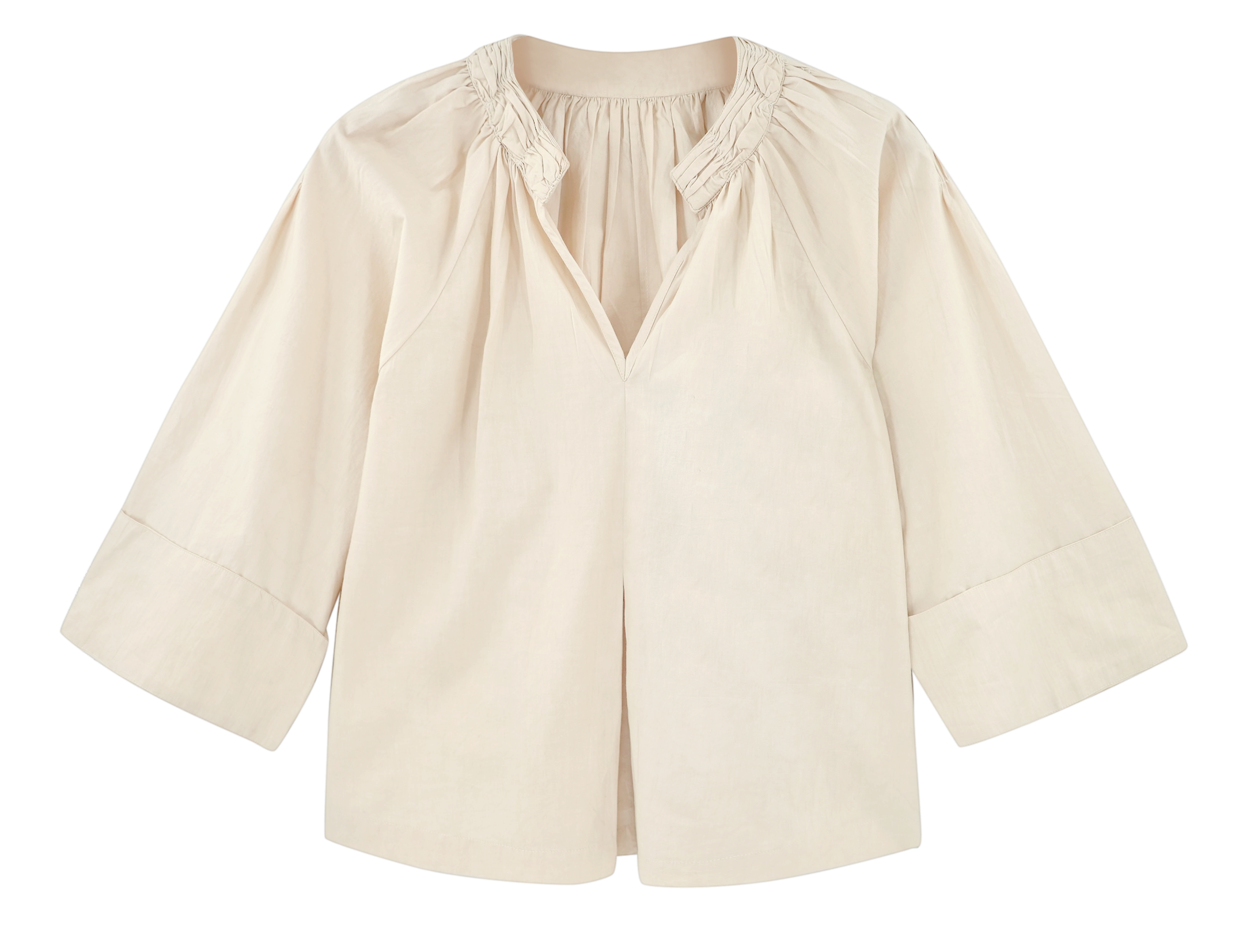 Girl wearing MIRTH women's v neck ruched collar three quarter sleeve palm springs top in parchment beige cotton poplin