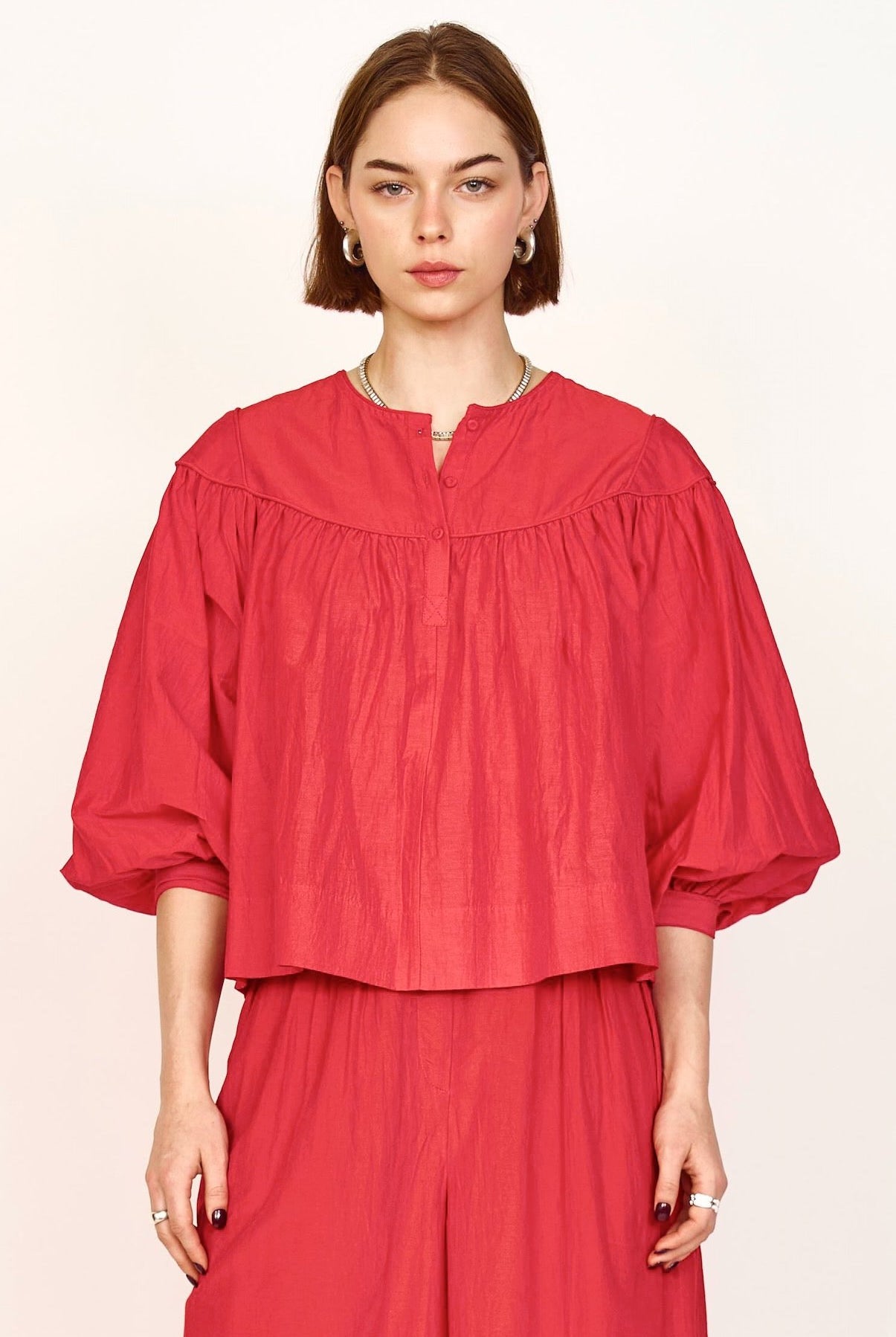 Red Oslo Cotton Silk Gathered Blouse Fall 24 MIRTH