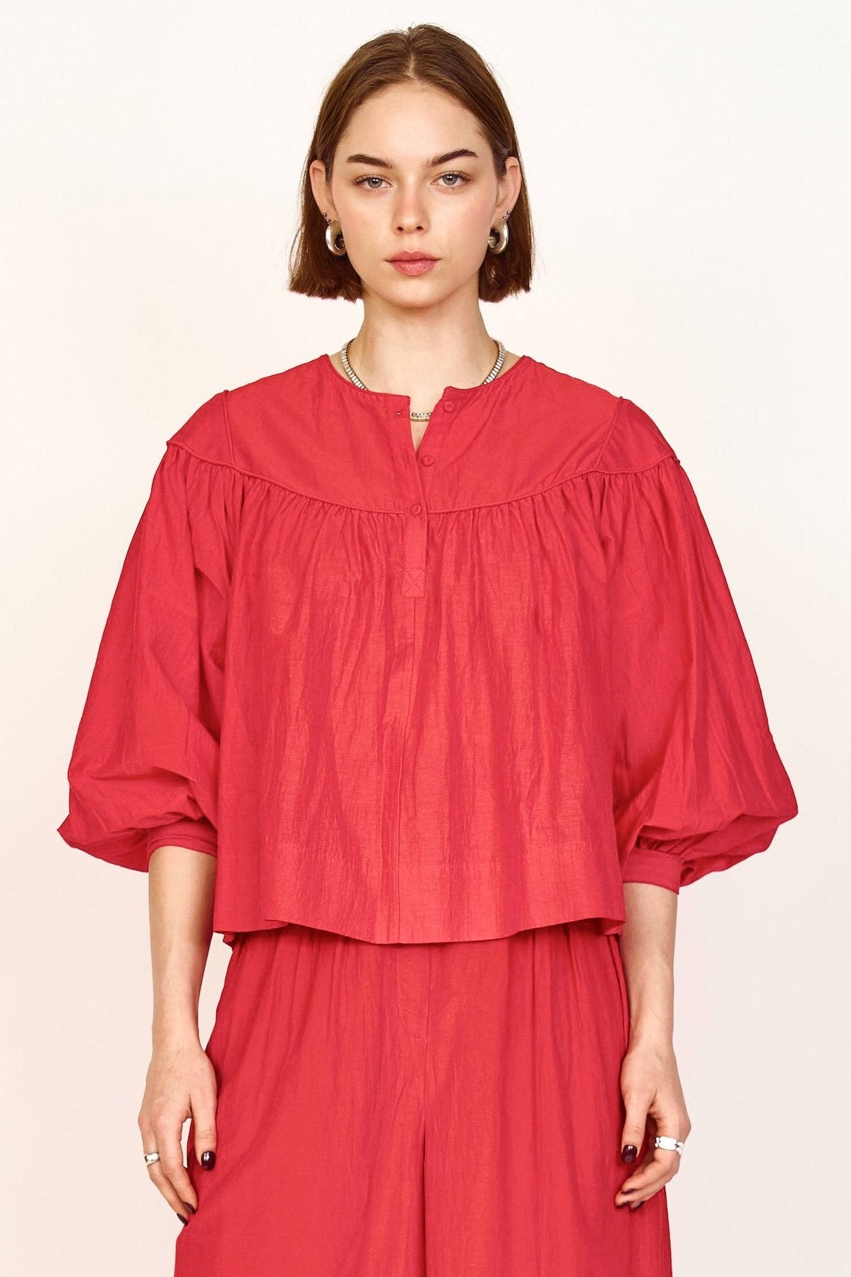 Red Oslo Cotton Silk Gathered Blouse Fall 24 MIRTH