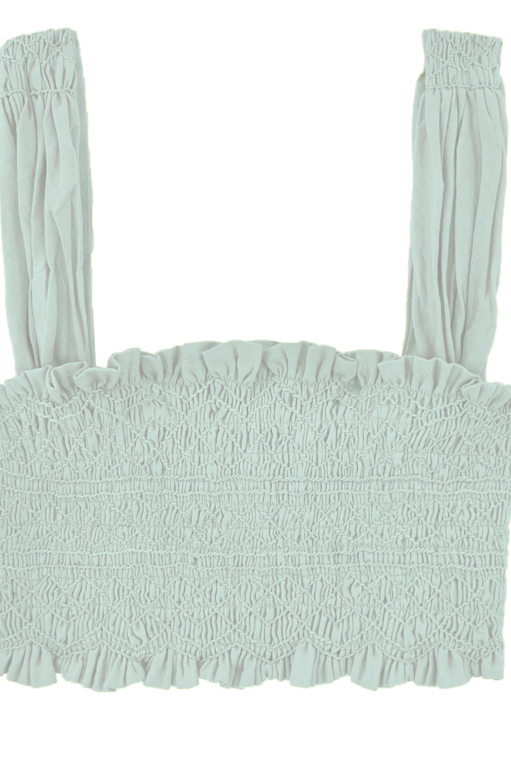 Girl wearing MIRTH women's smocked elastic savannah sleeveless cropped top set in blue frost cotton