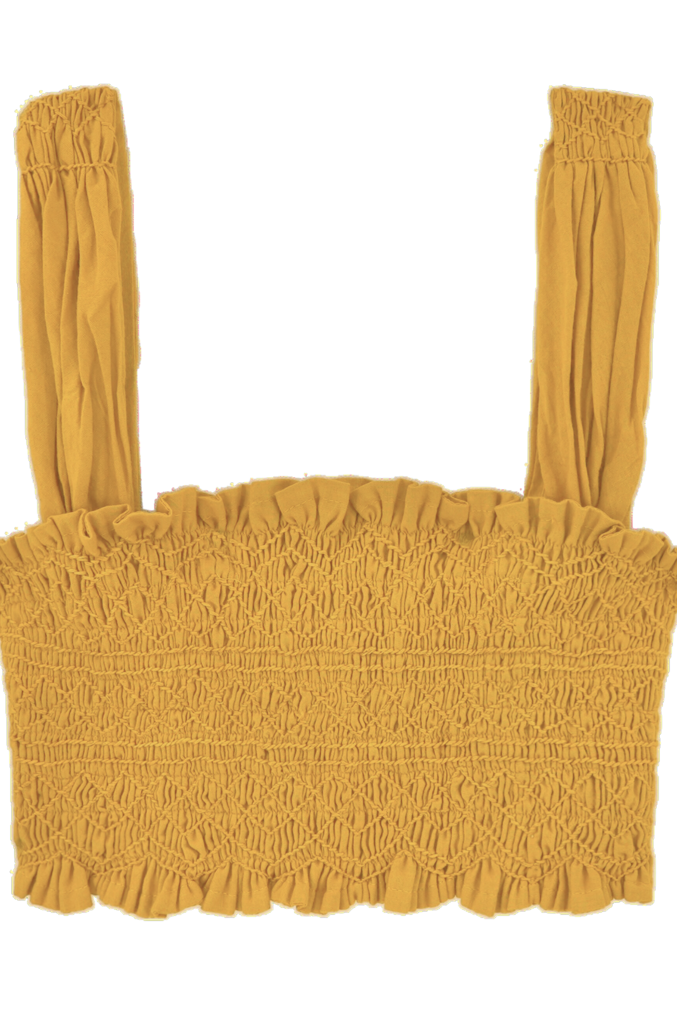 Girl wearing MIRTH women's smocked elastic savannah sleeveless cropped top set in yellow frost cotton