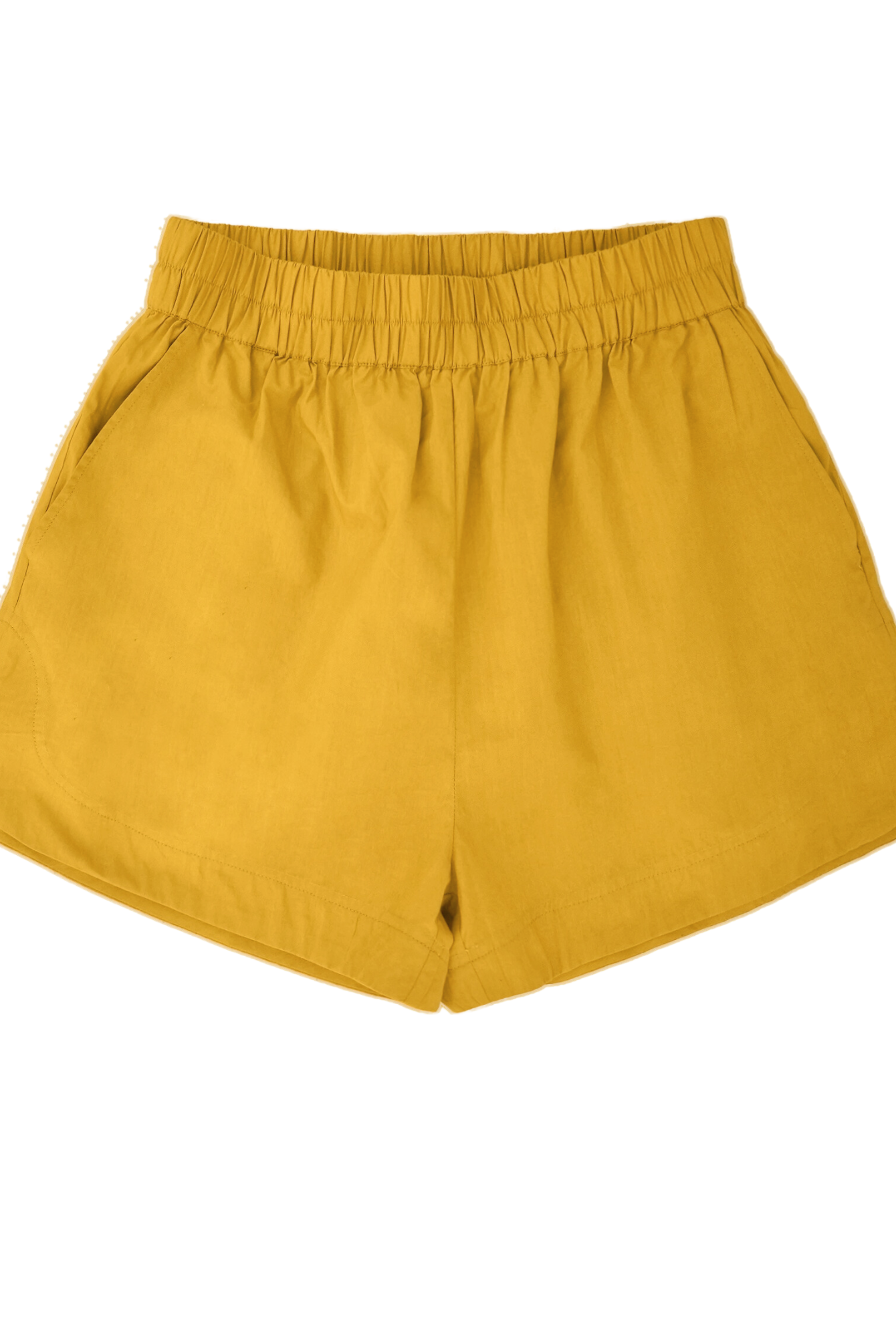 Girl wearing MIRTH women's wide leg elastic track shorts in gilded yellow cotton