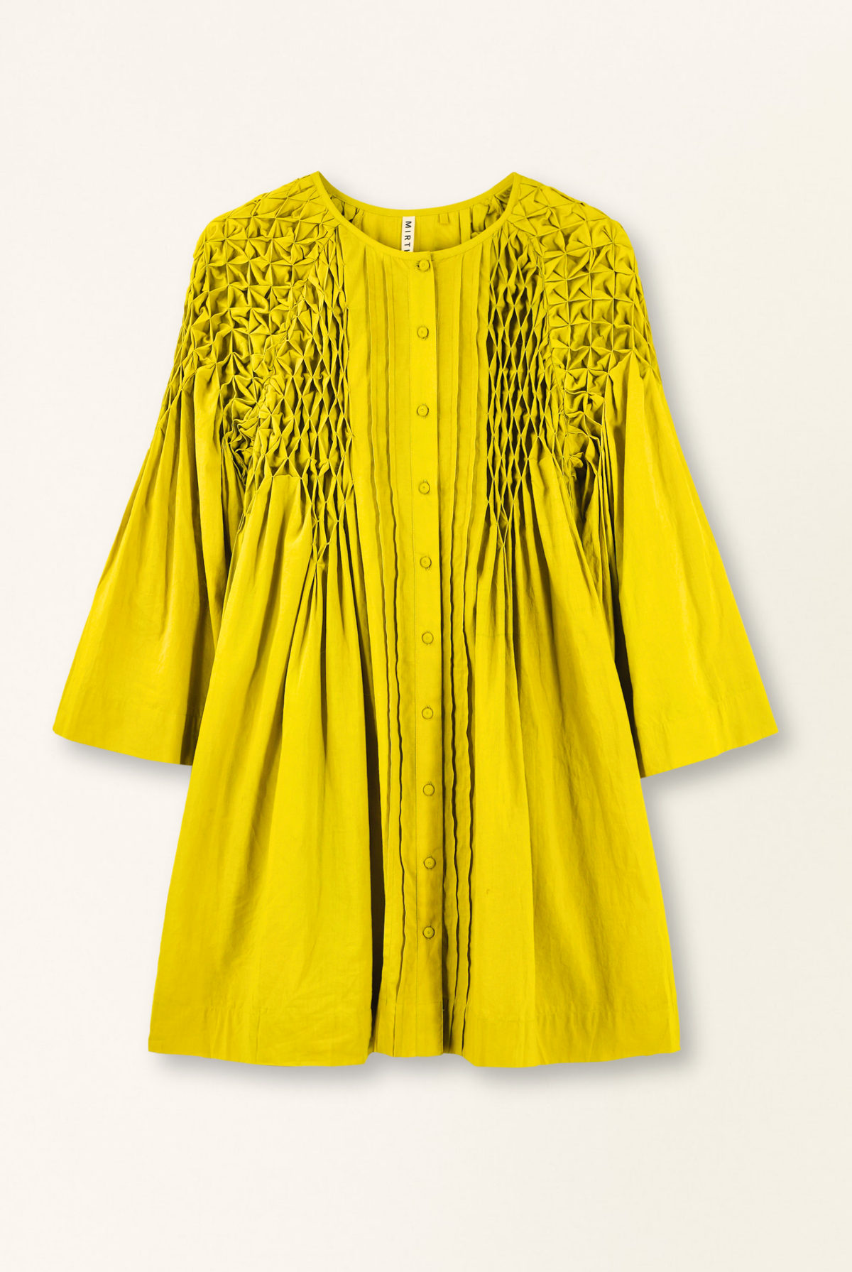 Yellow dress with lace detailing on a white background