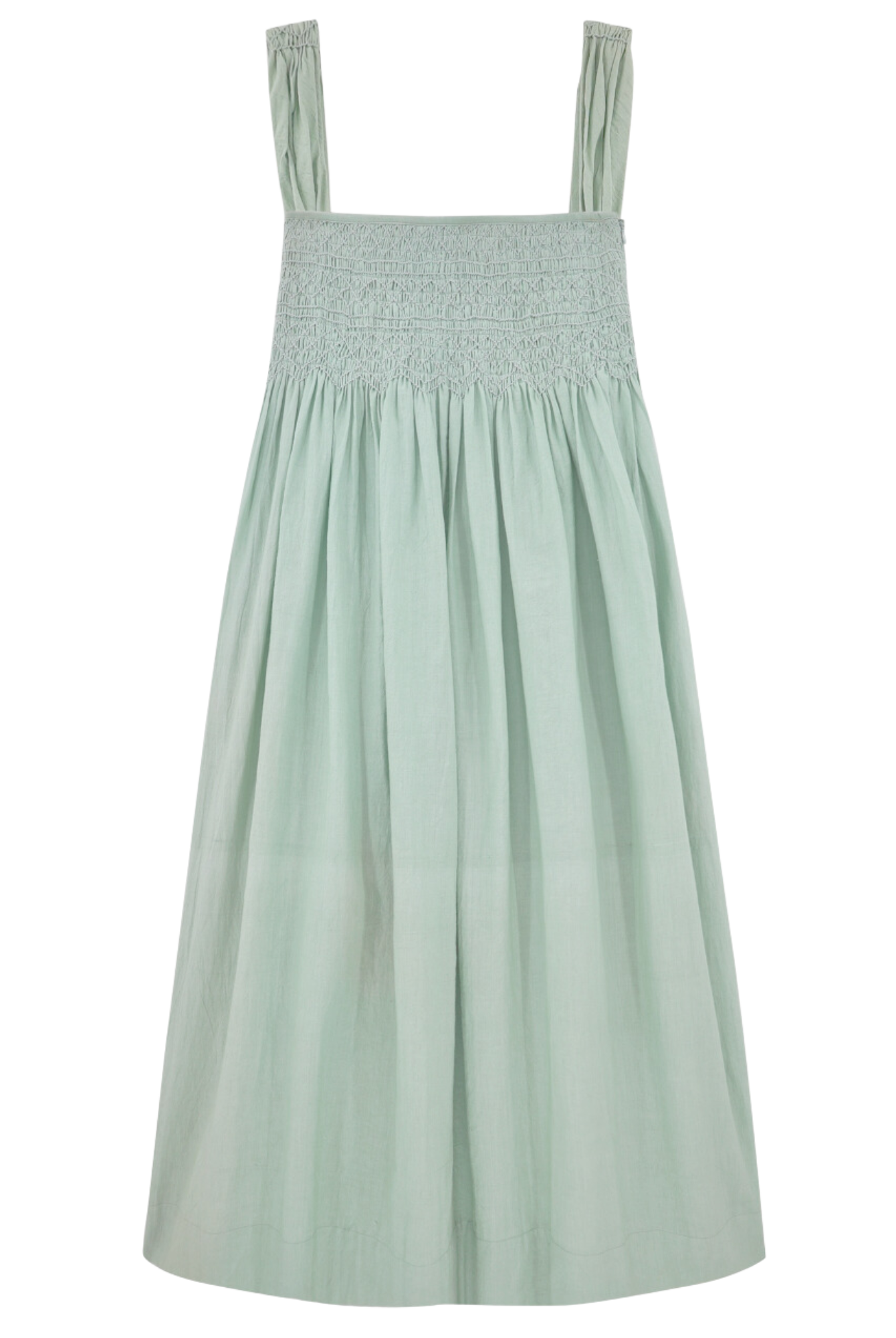 Girl wearing MIRTH women's smocked elastic sleeveless georgia midi dress in frost blue cotton