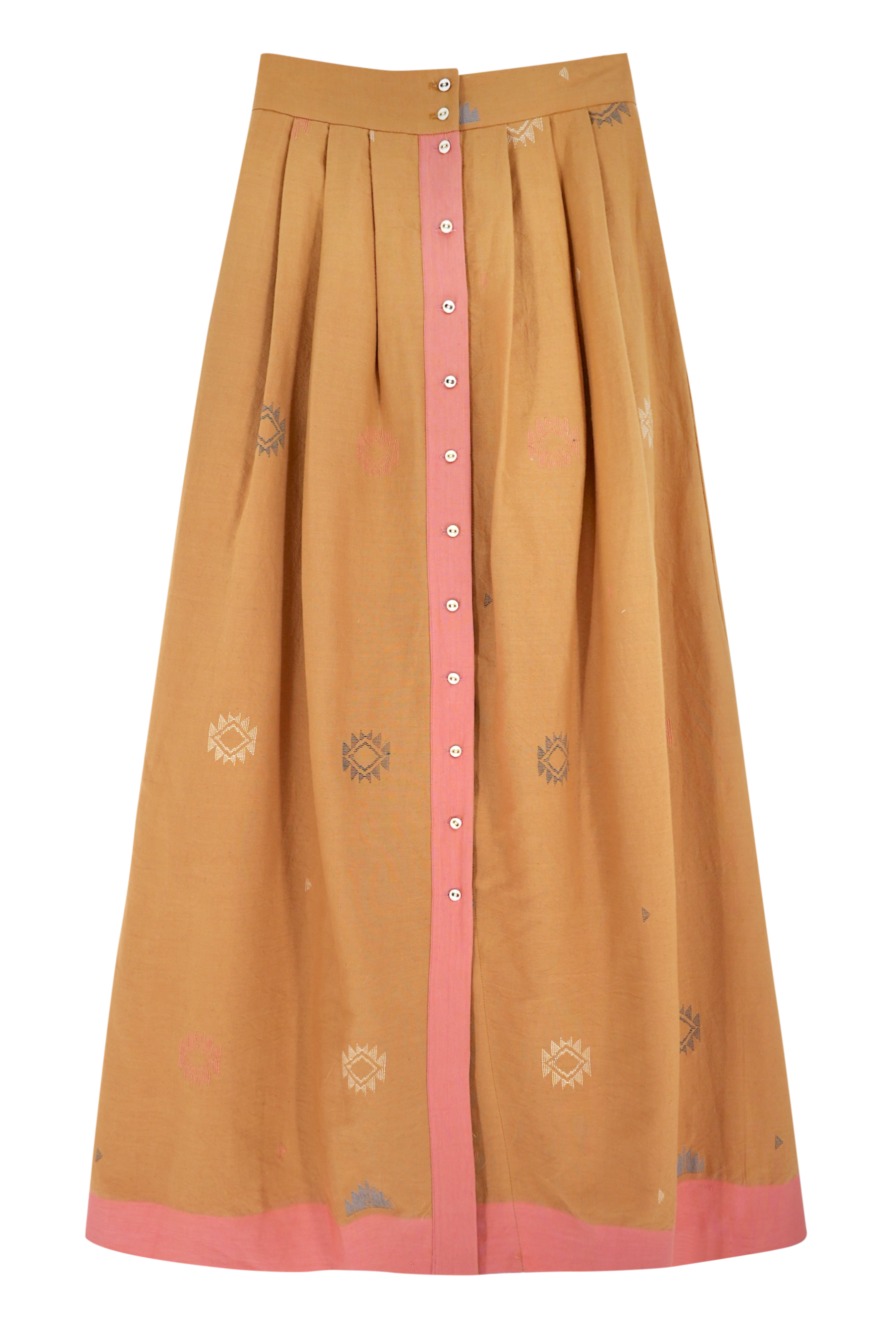 Girl wearing MIRTH women's long lucerne skirt set in handloomed sedona orange jamdani