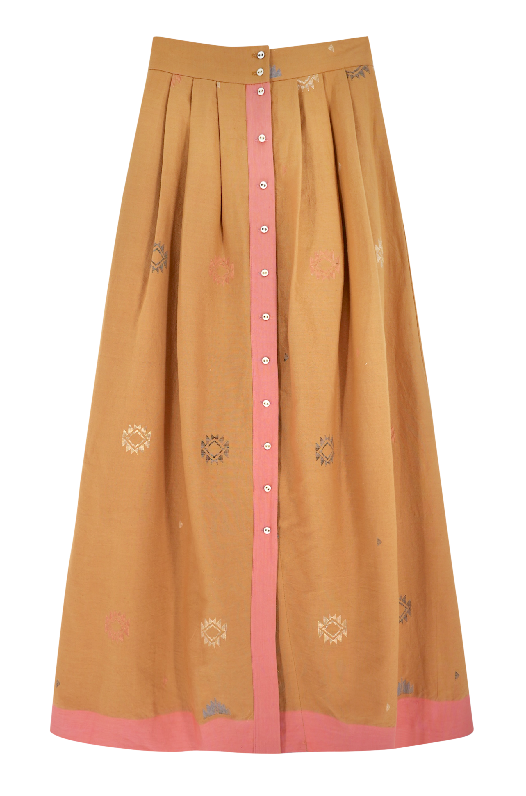 Girl wearing MIRTH women's long lucerne skirt set in handloomed sedona orange jamdani
