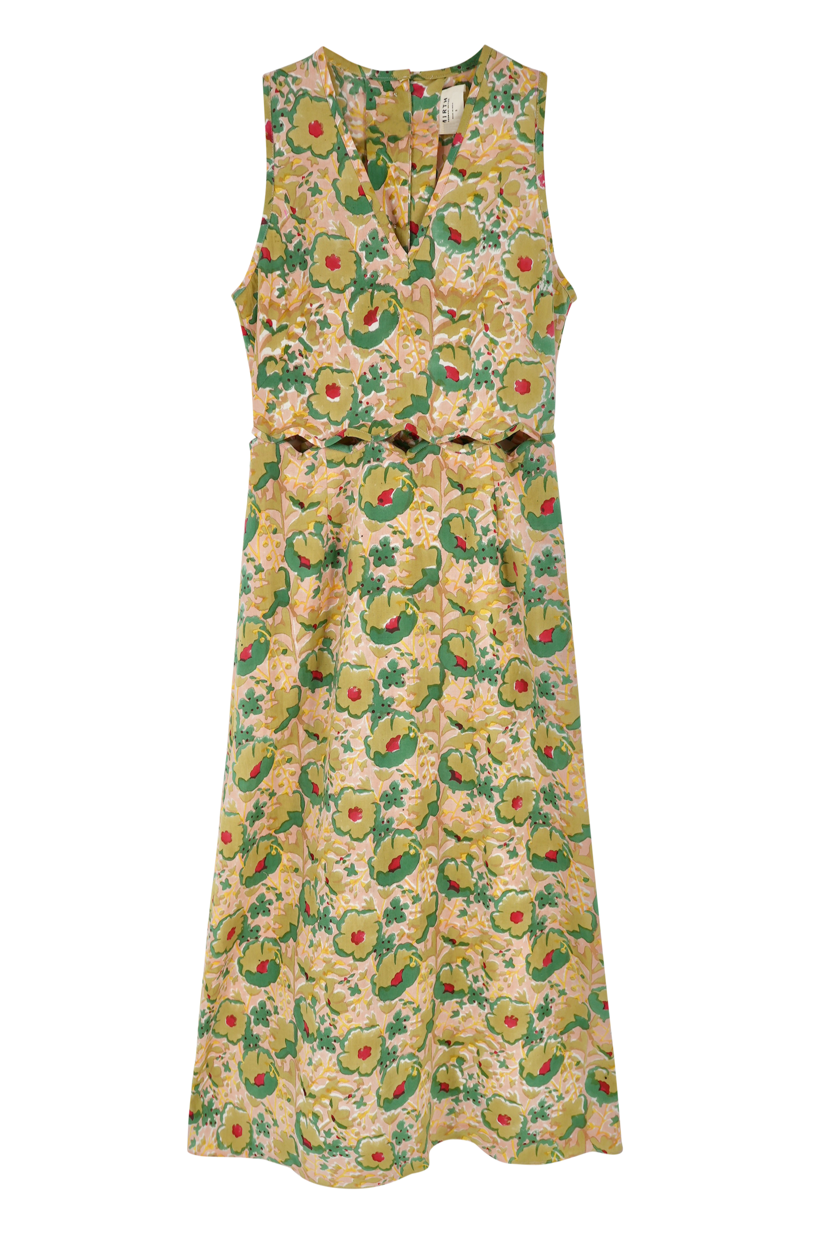 Girl wearing MIRTH women's cotton sleeveless scalloped long biarritz cutout dress in rose bloom pink floral print