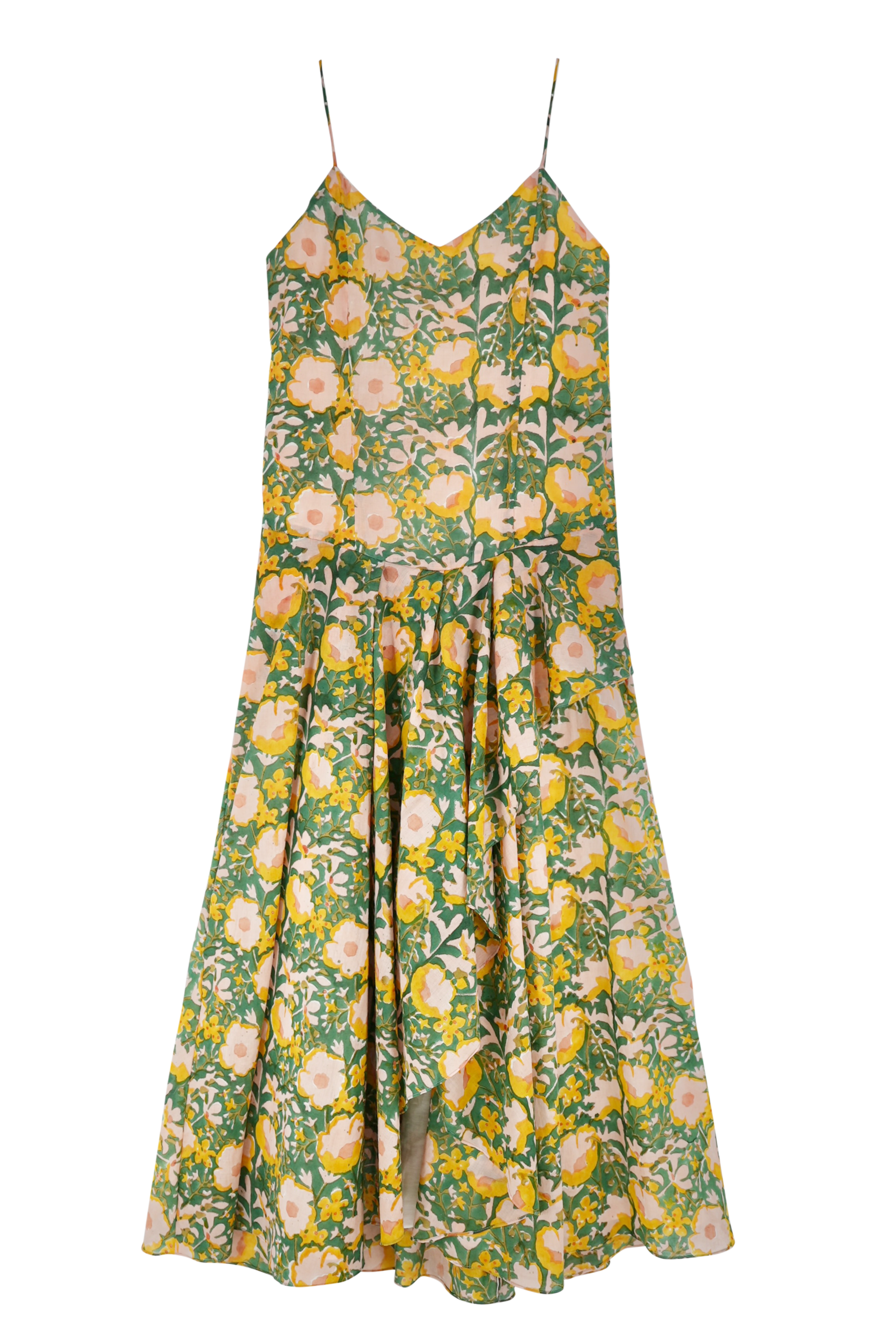 Girl wearing MIRTH women's long singapore spaghetti strap drop waist dress in camelia bloom green floral print cotton