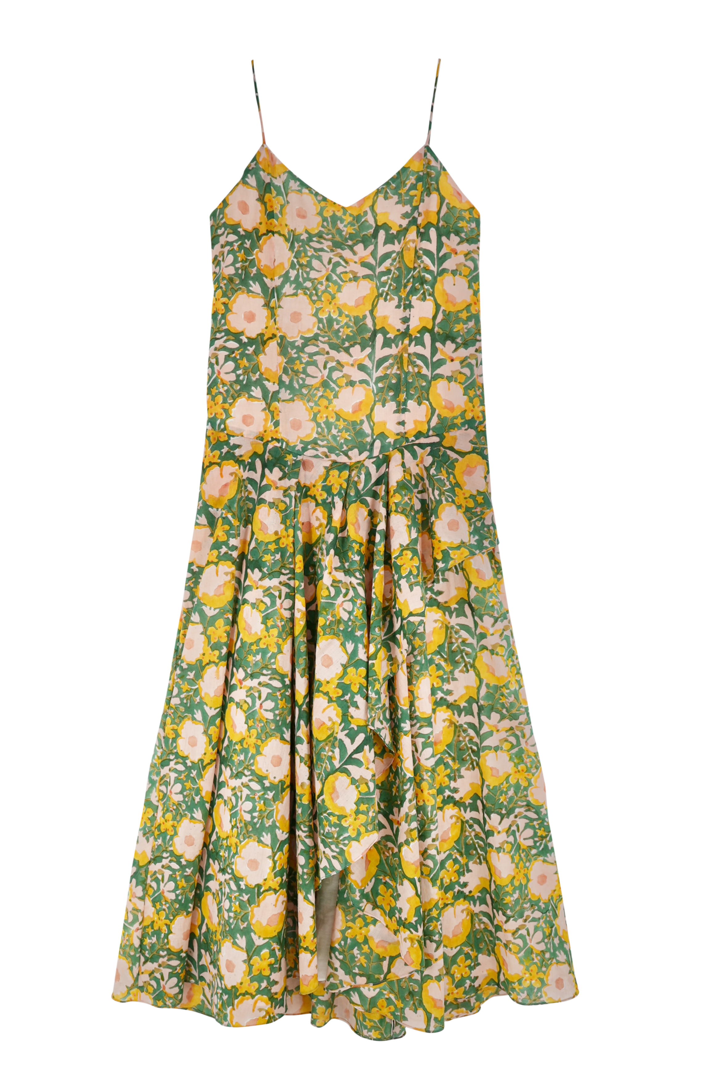 Girl wearing MIRTH women's long singapore spaghetti strap drop waist dress in camelia bloom green floral print cotton