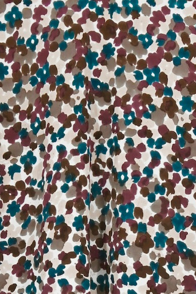 Girl wearing MIRTH women's button down collared long sleeve malmo shirt in purple brown amaryllis silk