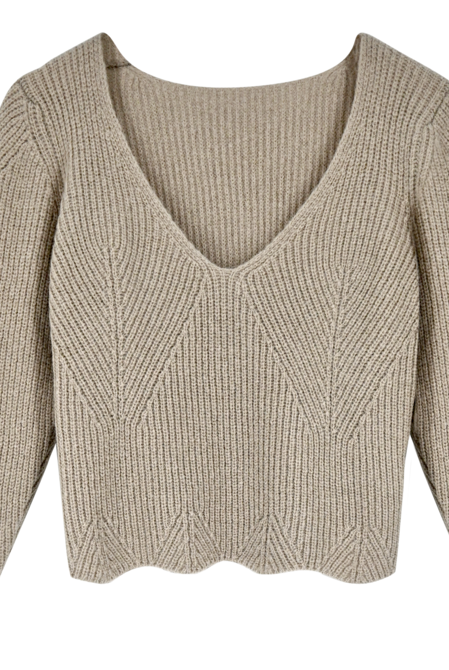 Girl wearing MIRTH women's knit v neck bellagio sweater in taupe brown wool