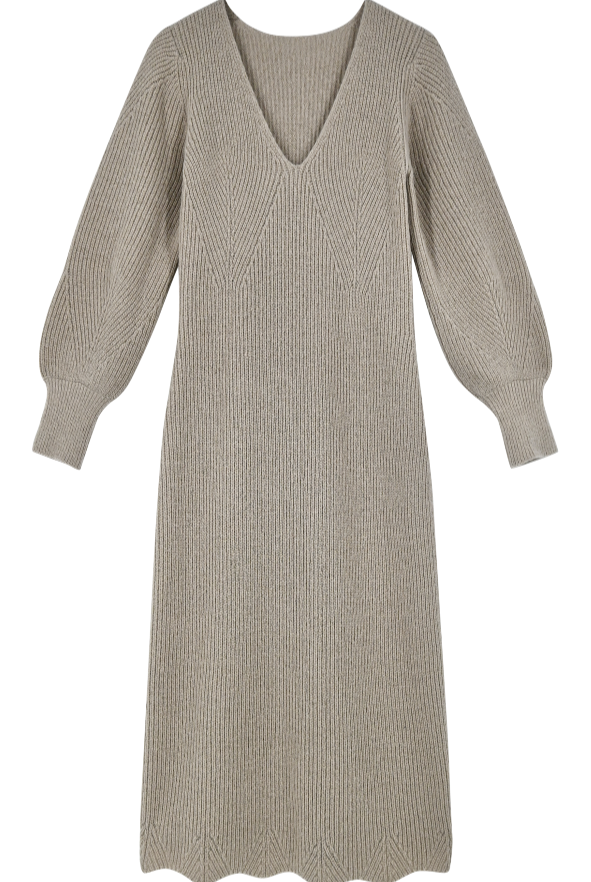 Girl wearing MIRTH women's knit v neck bellagio sweater dress in taupe brown wool