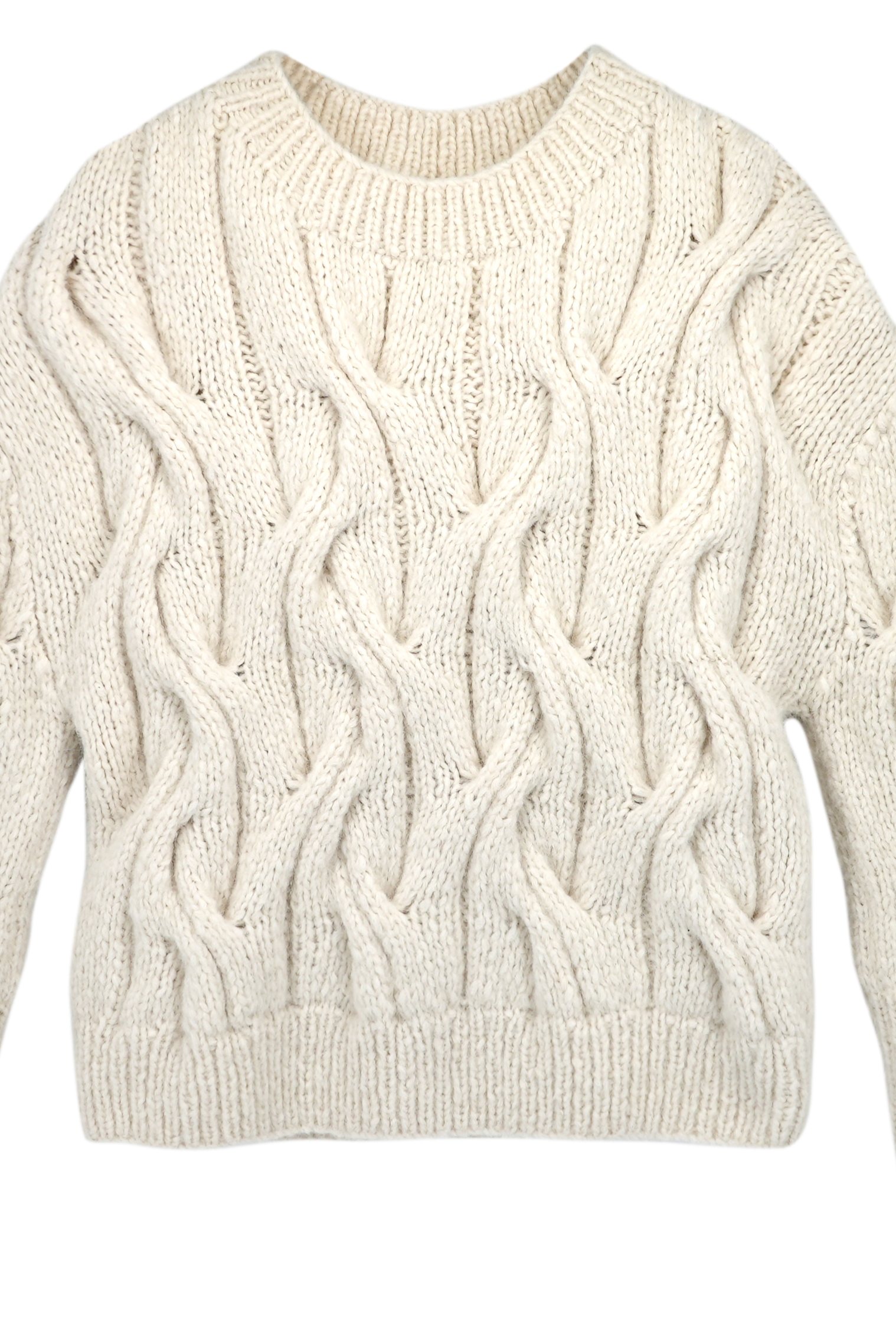 Girl wearing MIRTH women's handknit cortina cable pullover sweater in cream white wool