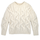 Girl wearing MIRTH women's handknit cortina cable pullover sweater in cream white wool