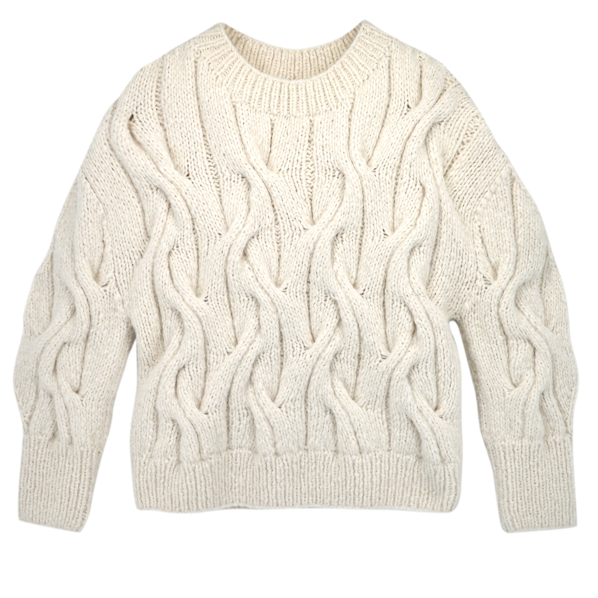 Girl wearing MIRTH women's handknit cortina cable pullover sweater in cream white wool