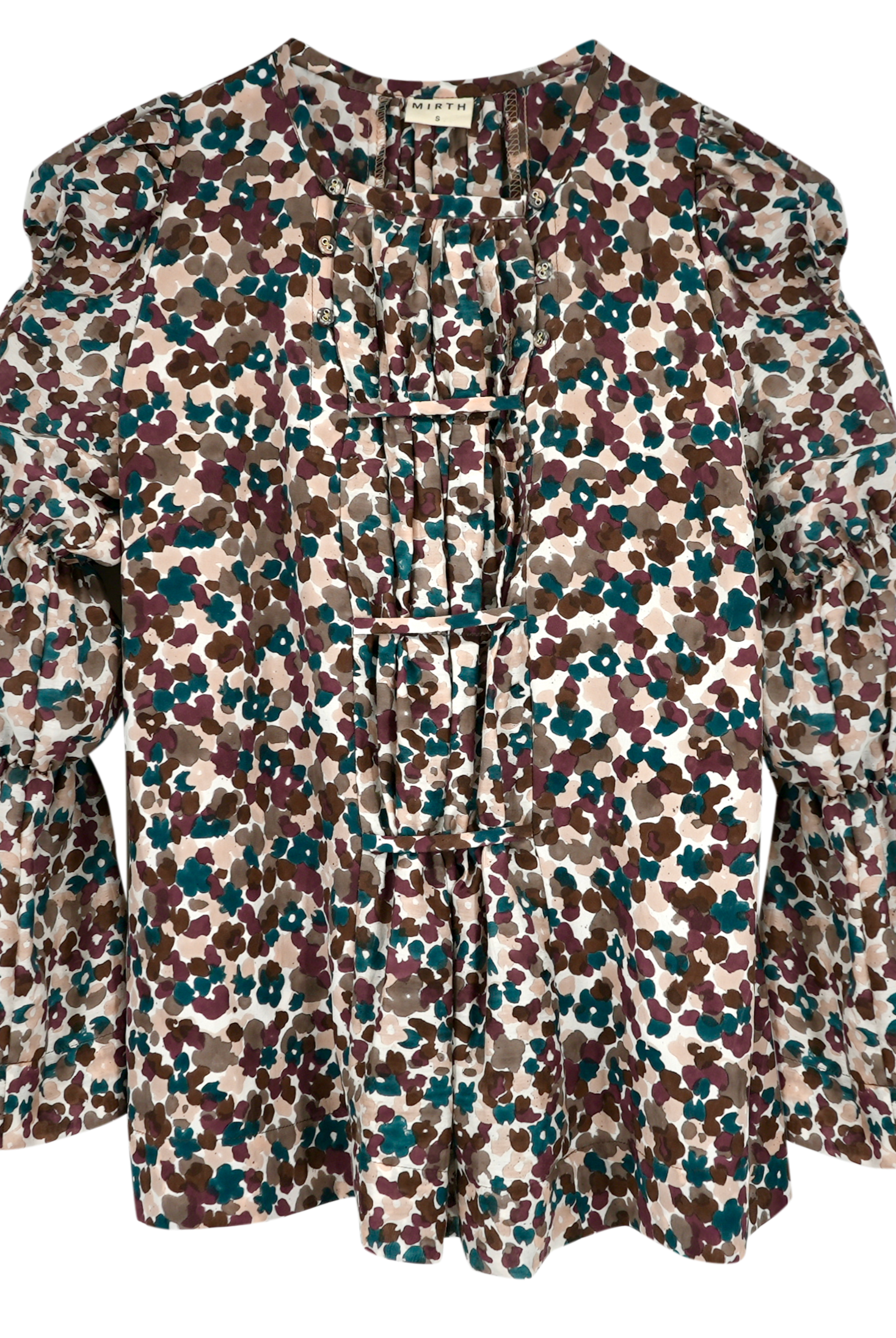 Girl wearing MIRTH women's elastic tier long sleeve fez blouse in purple brown amaryllis silk