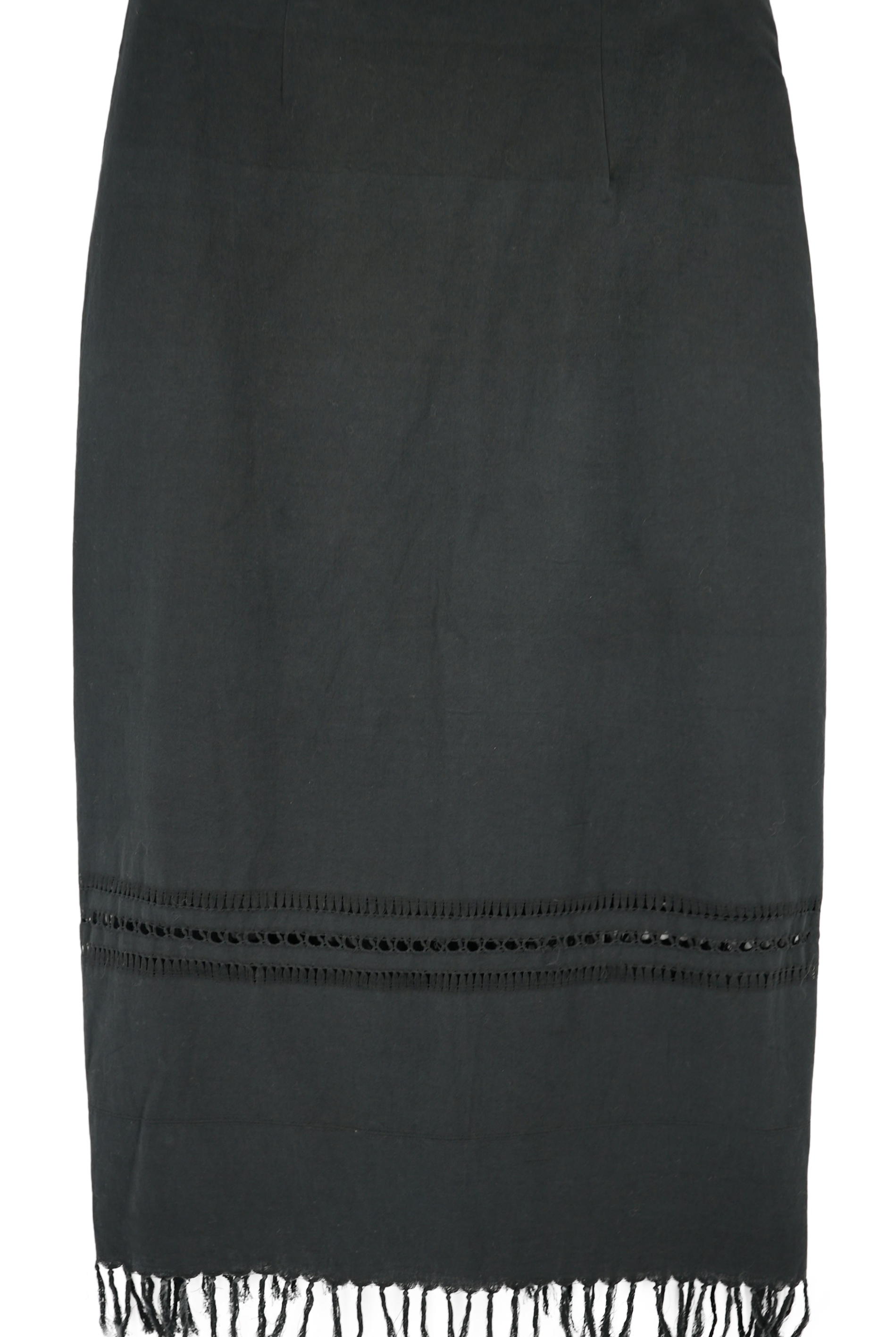 Girl wearing MIRTH women's midi fringe cutout lombok skirt in black cotton