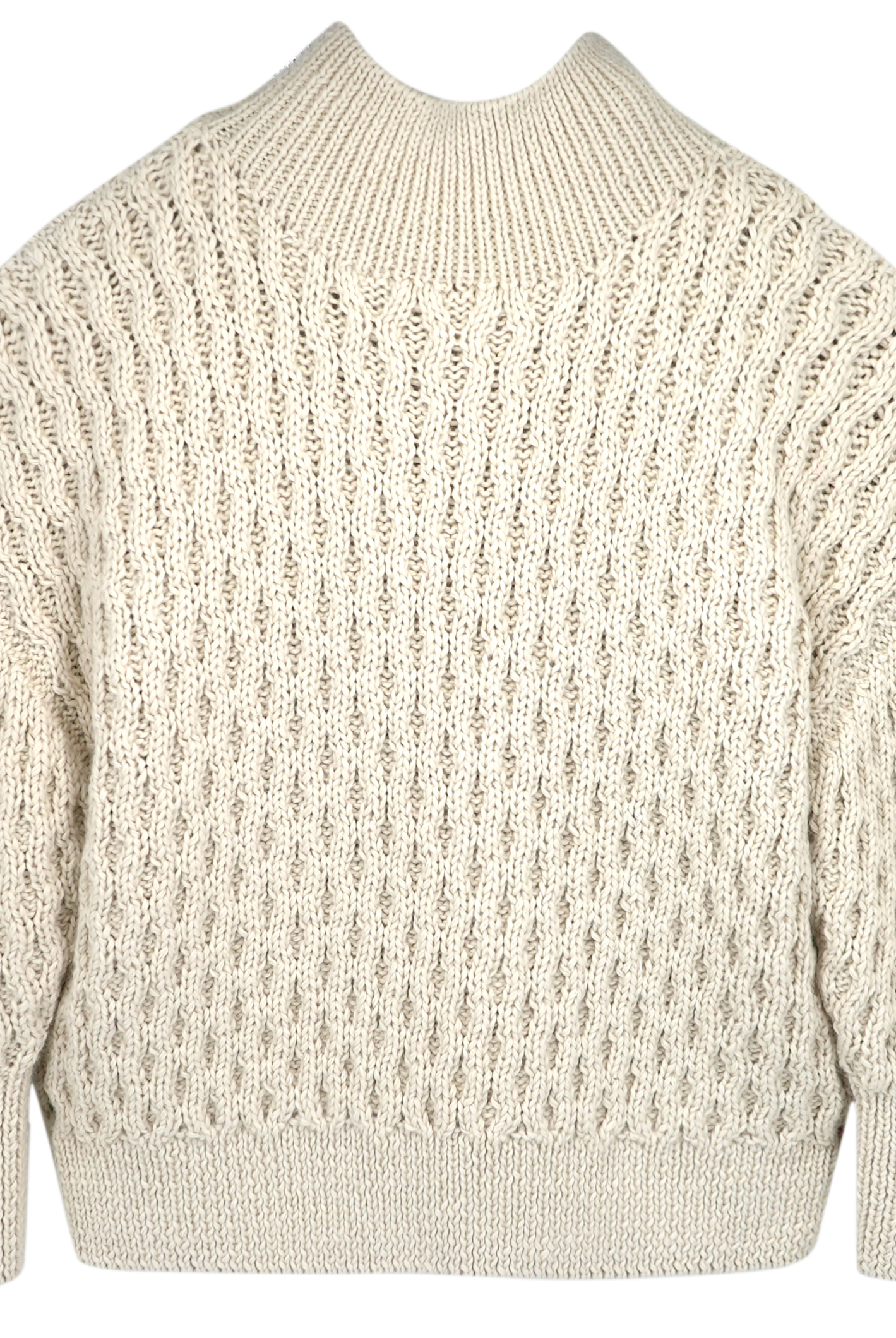Girl wearing MIRTH women's pullover hand knit honeycomb weave megeve turtleneck sweater in ivory alpaca wool