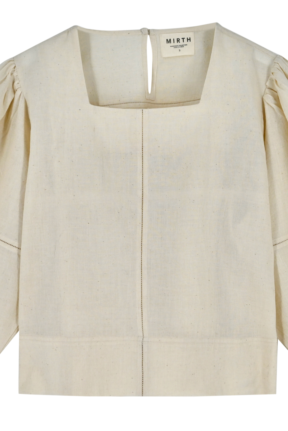 Girl wearing MIRTH women's pullover square neck cropped provence top in cream ecru cotton