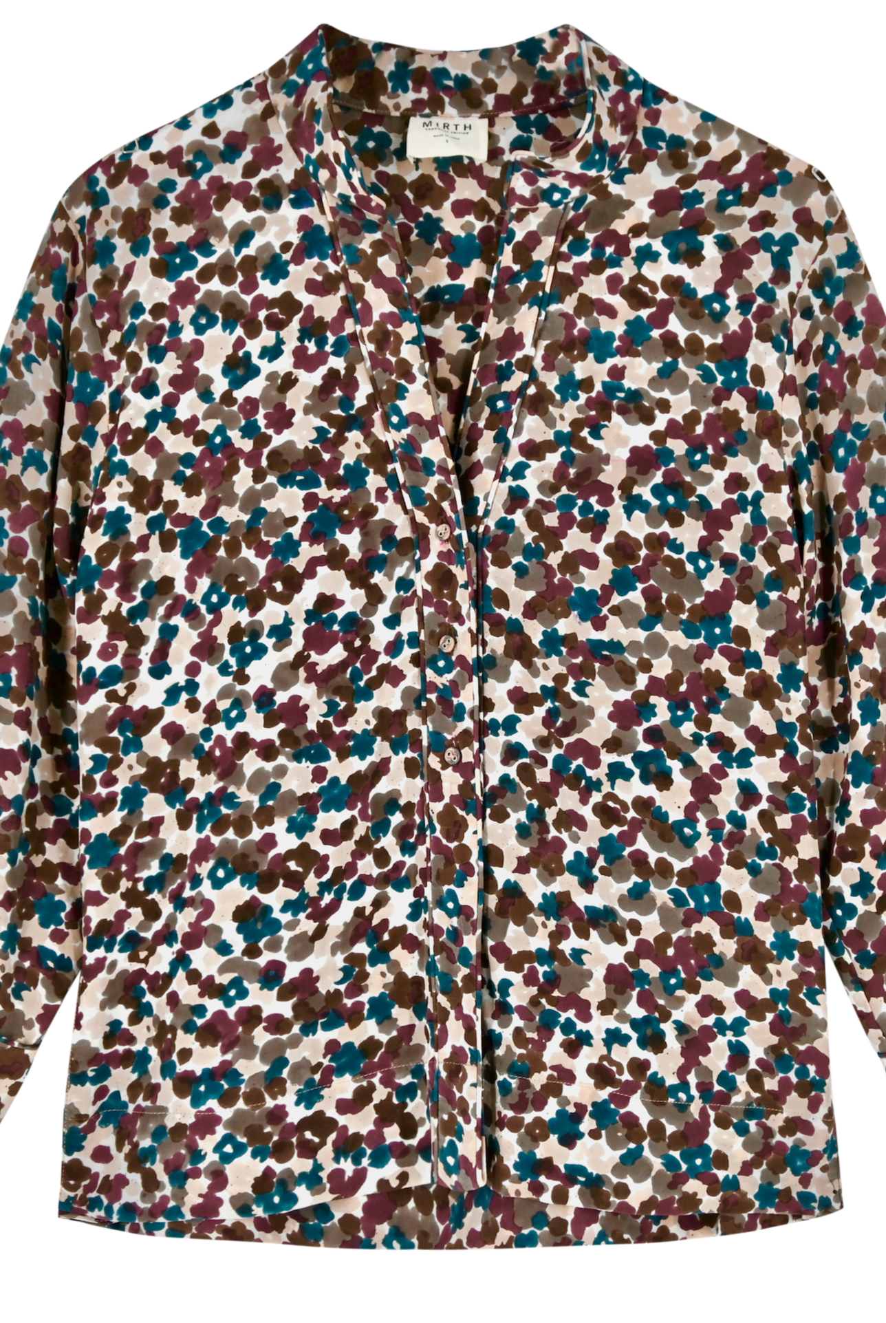 Girl wearing MIRTH women's button down collared long sleeve malmo shirt in purple brown amaryllis silk