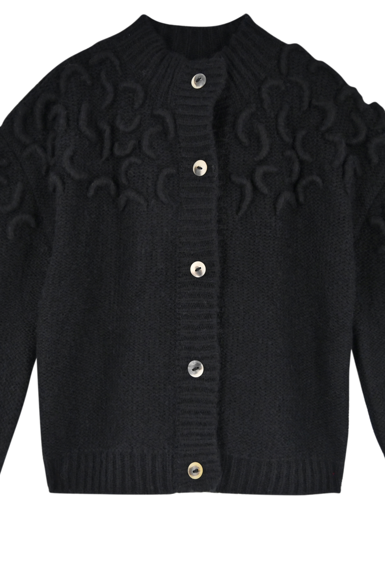 Girl wearing MIRTH women's knit cusco cardigan sweater in black wool