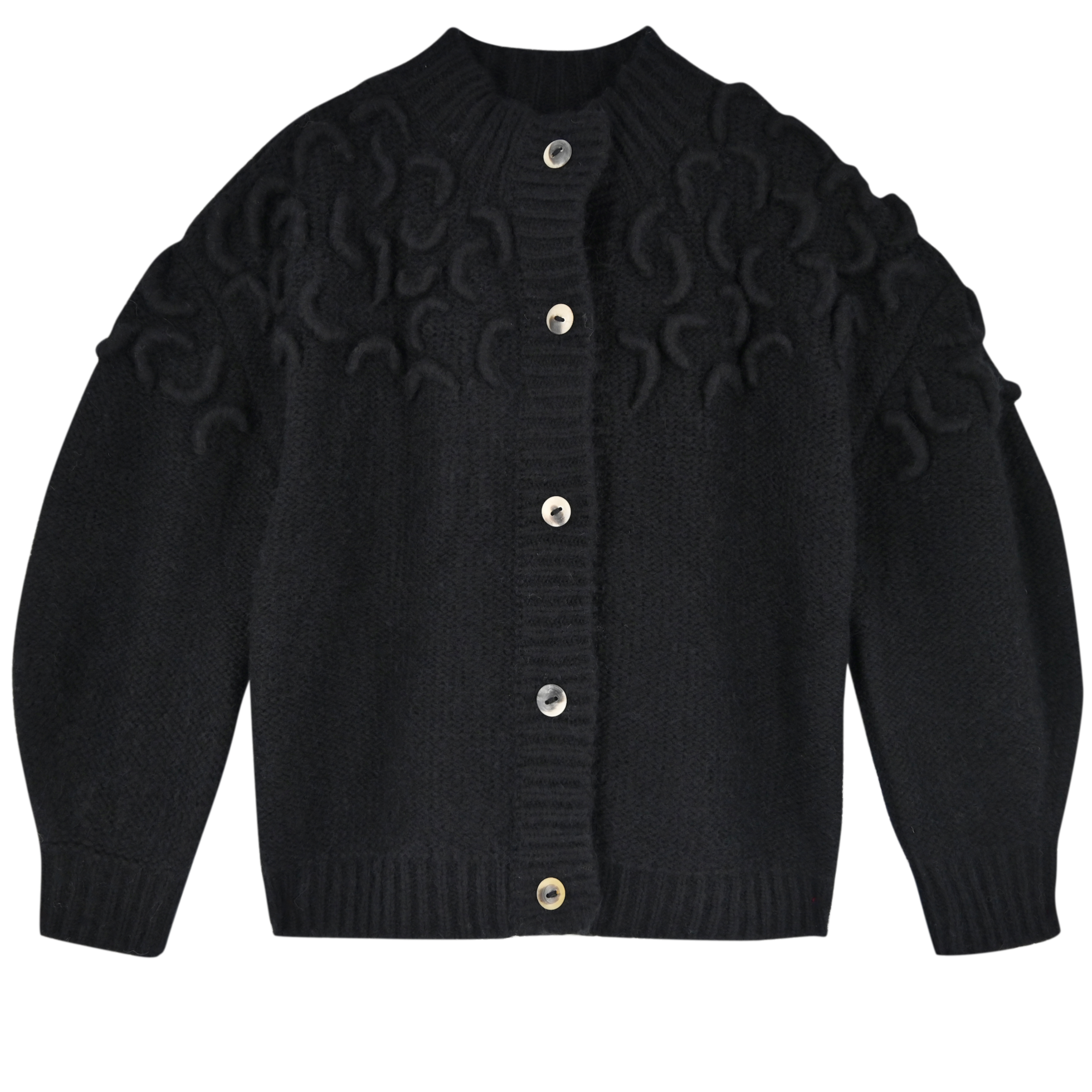 Girl wearing MIRTH women's knit cusco cardigan sweater in black wool