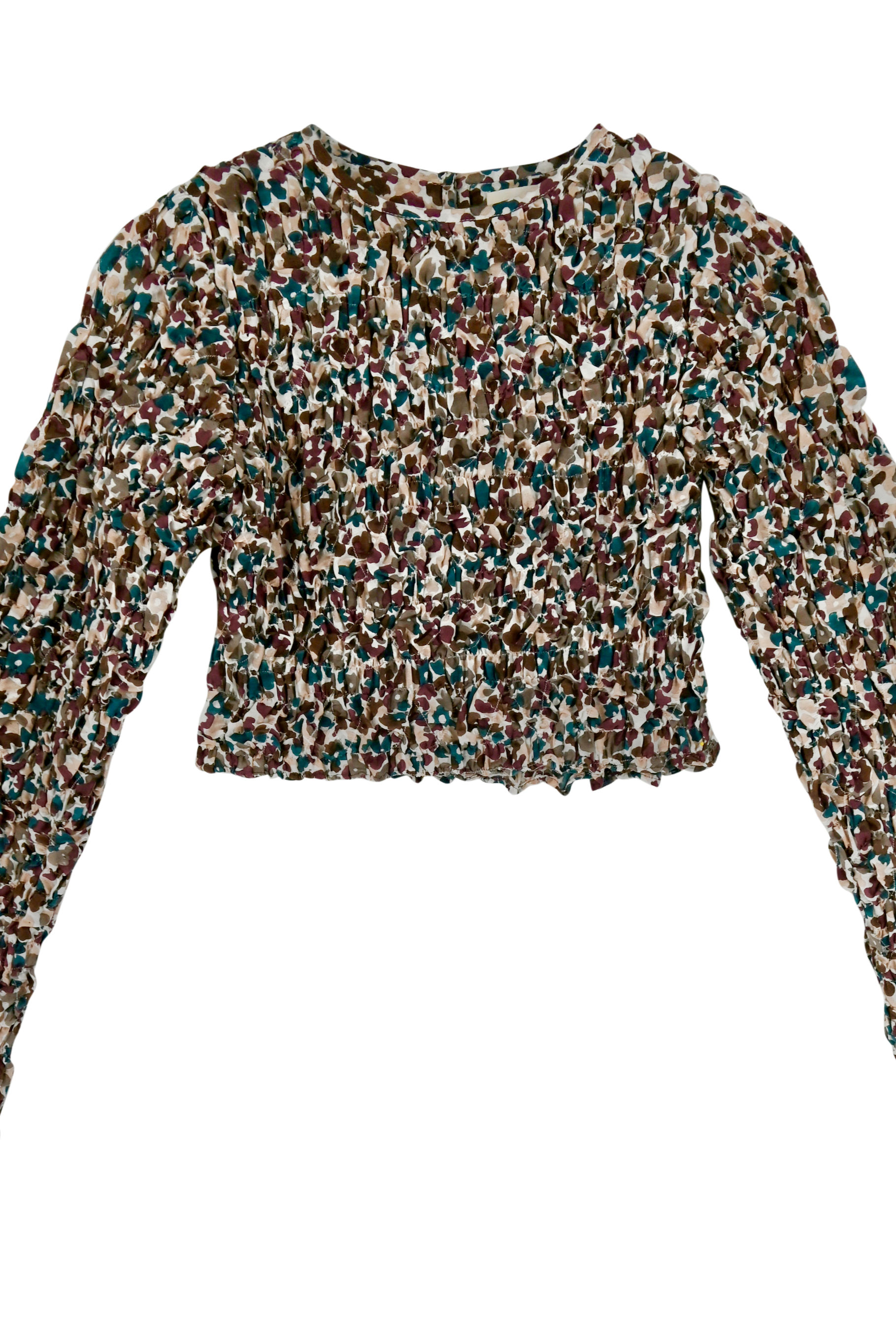 Girl wearing MIRTH women's long sleeve smocked elastic shoreditch top in purple red amaryllis print