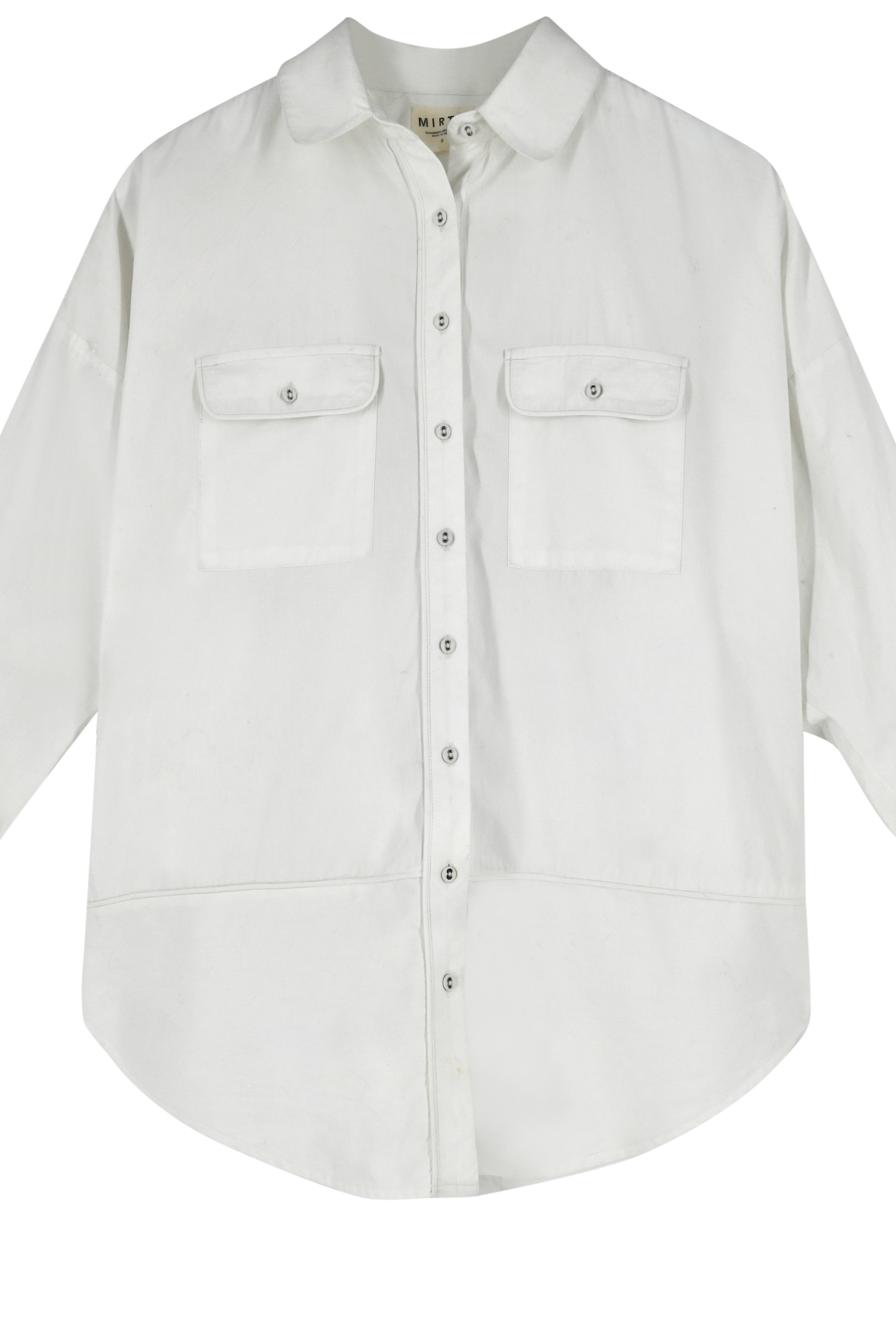Girl wearing MIRTH women's button up long sleeve kyoto shirt in white cotton poplin