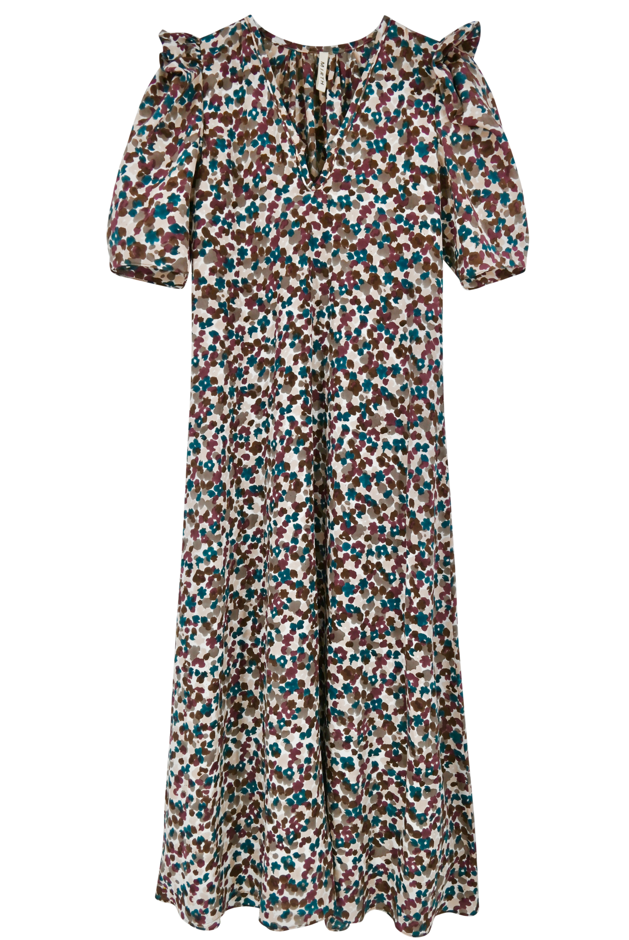 Girl wearing MIRTH women's puff sleeve v neck long cassis dress in purple brown amaryllis silk